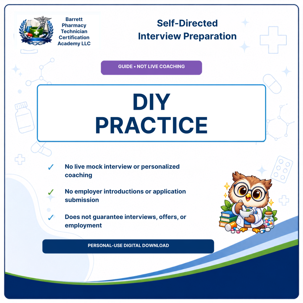 Promotional graphic for a Barrett Pharmacy Technician Self-Directed Interview Preparation digital download. The design features a white background with blue and purple accents, text detailing the 'DIY PRACTICE' plan, and a cartoon owl character wearing glasses and holding books.