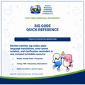 Digital cover page for a printable reference guide titled 'SIG CODE QUICK REFERENCE' by Barrett Pharmacy Technician Certification Academy LLC. The page has a white background with blue and green text, small medical-themed icons, and a dark blue footer band.