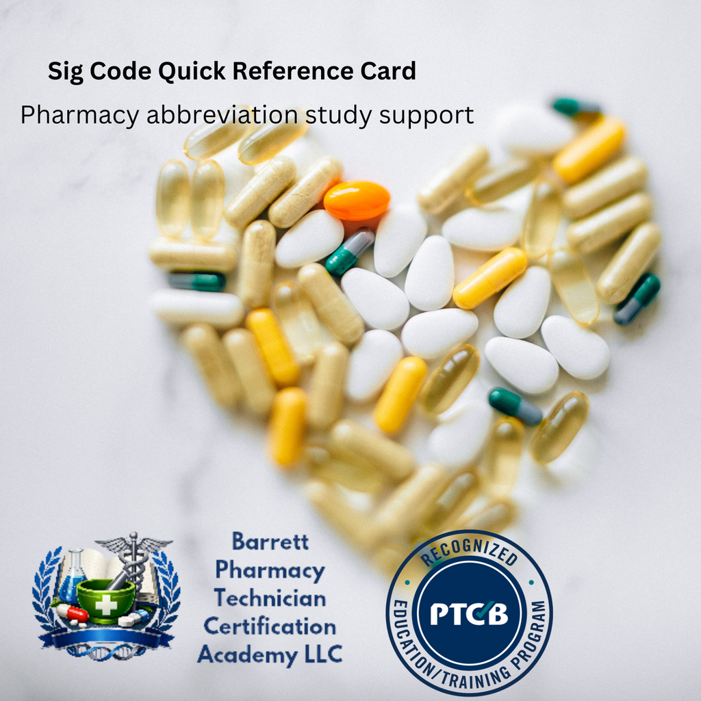 Heart-shaped arrangement of various pills with text about pharmacy abbreviation study support and certification logos.