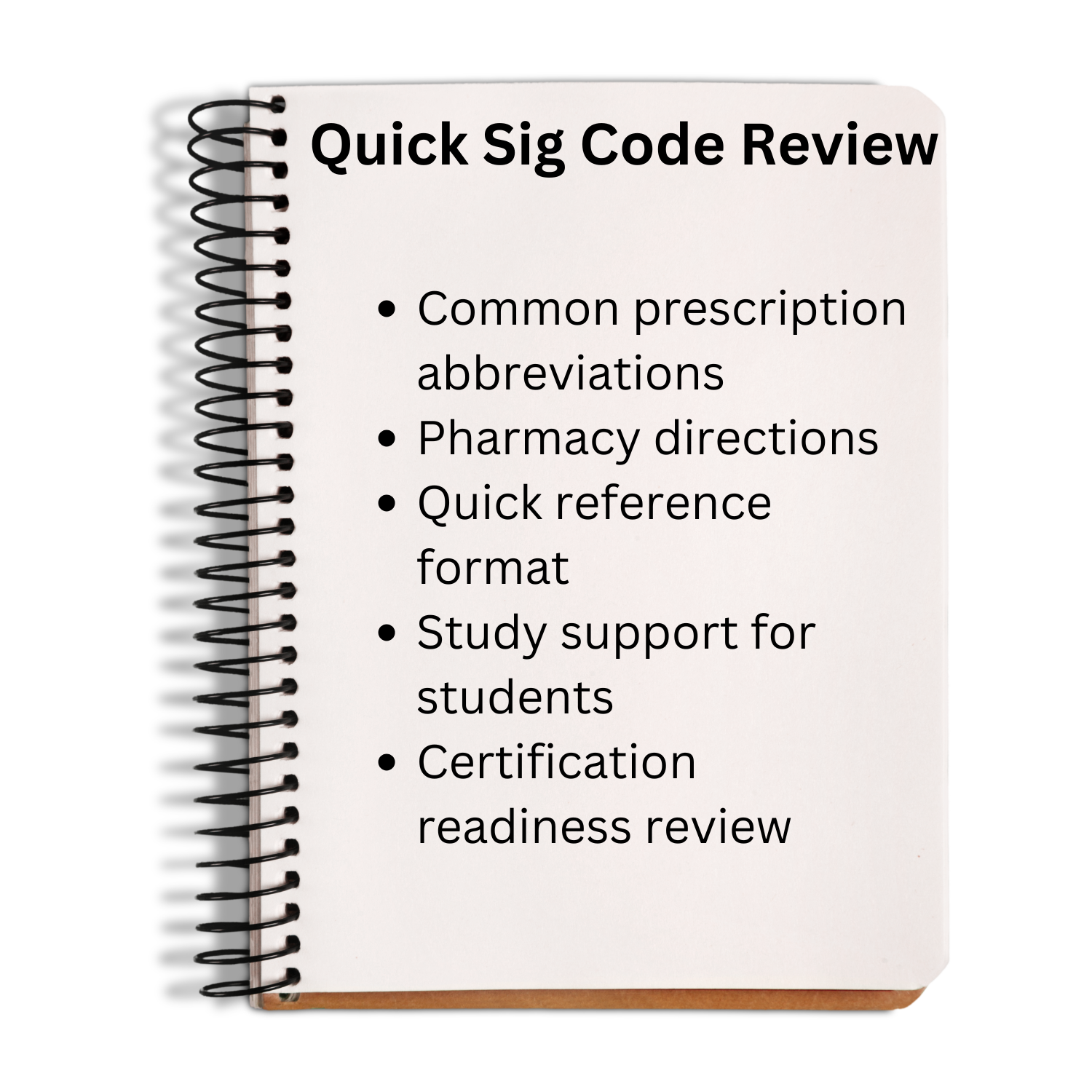 Notebook with quick sig code review text on a white background