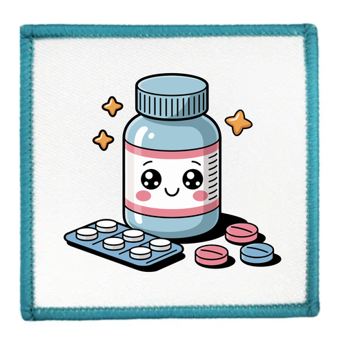 Kawaii-style pill bottle with colorful pills on a white background