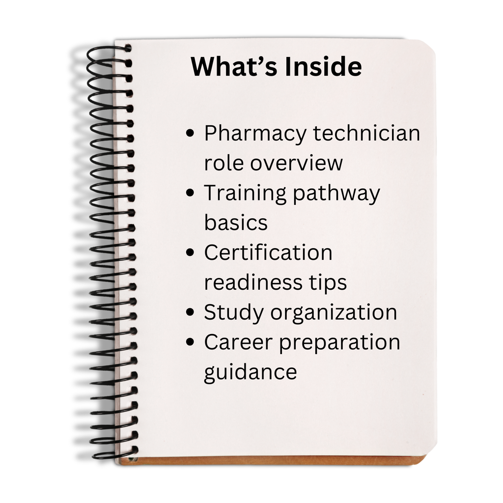 Notebook with text on pharmacy technician training and career preparation
