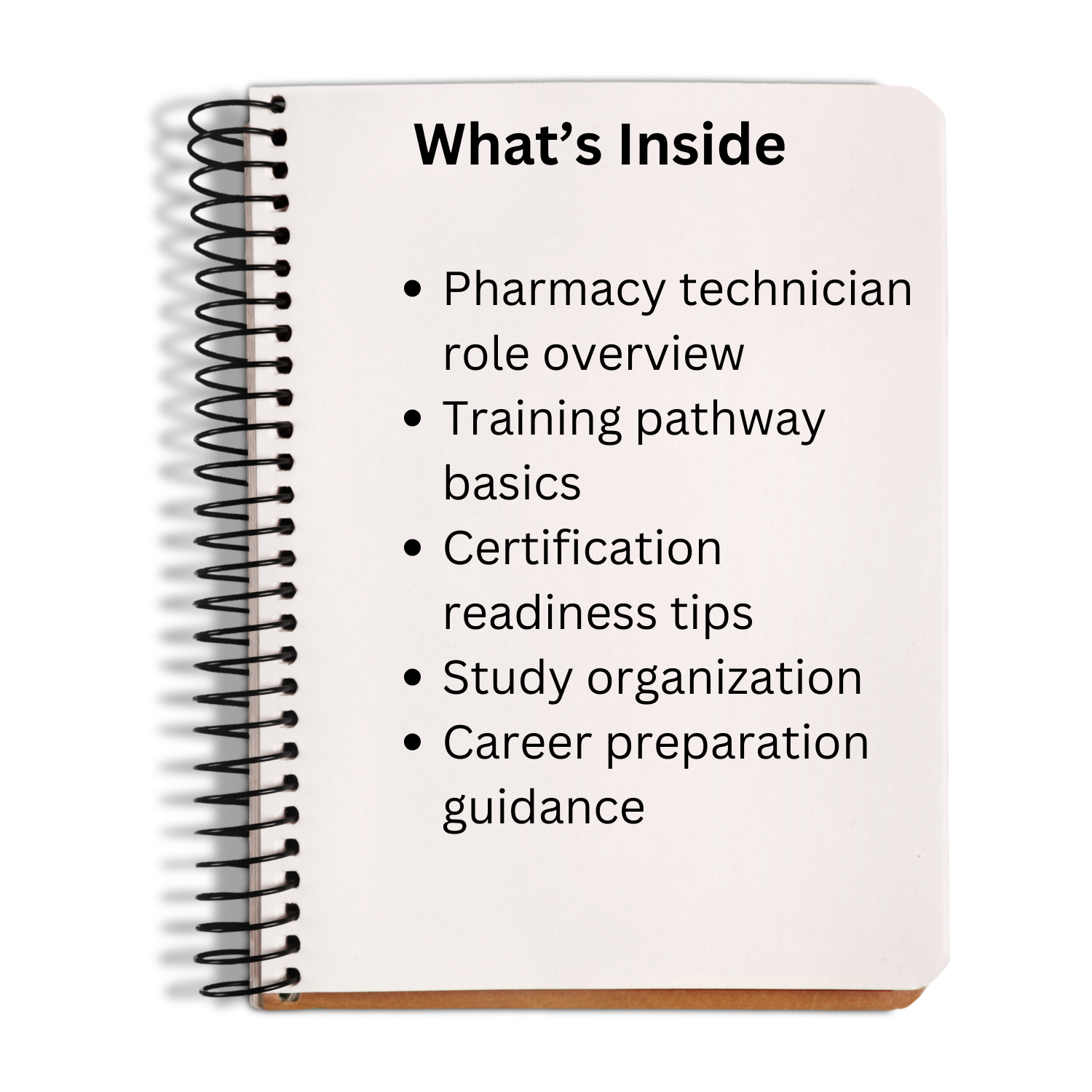 Notebook with text on pharmacy technician training and career preparation