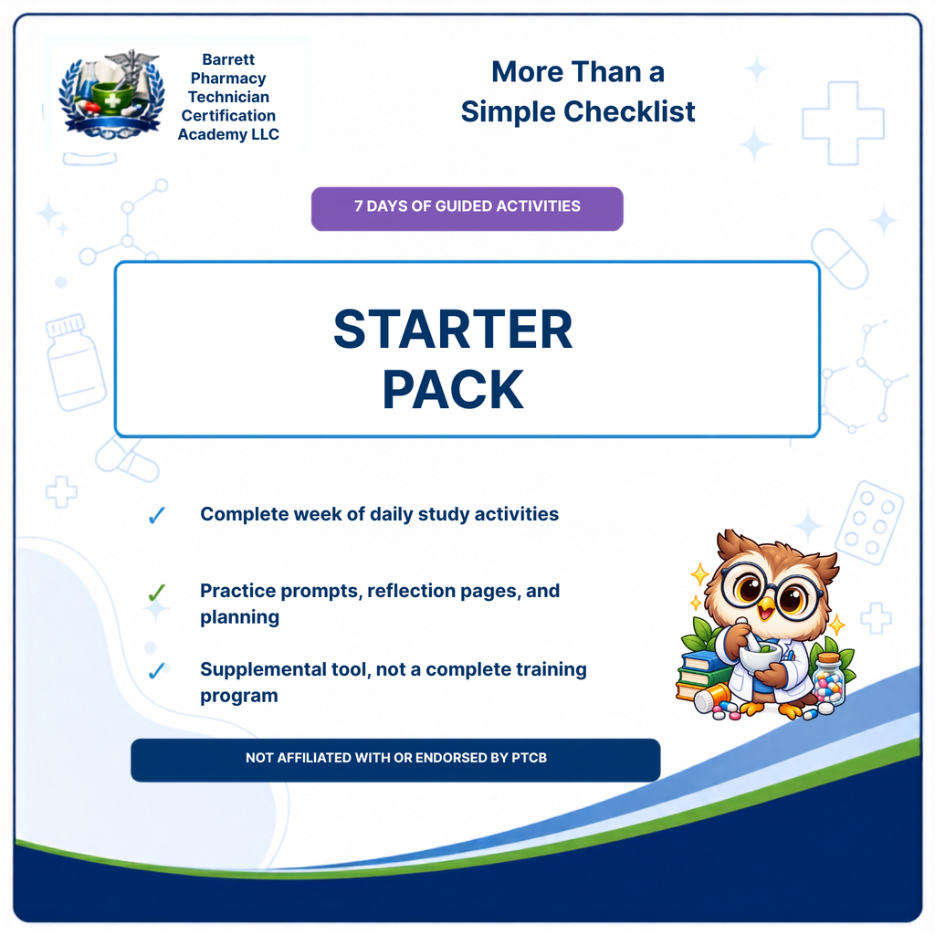 Promotional graphic for a Barrett Pharmacy Technician Certification Academy LLC 'Starter Pack' study guide. The design features a white background with blue and purple accents, including a cartoon owl character, a logo, and text detailing the included daily study activities and practice prompts.