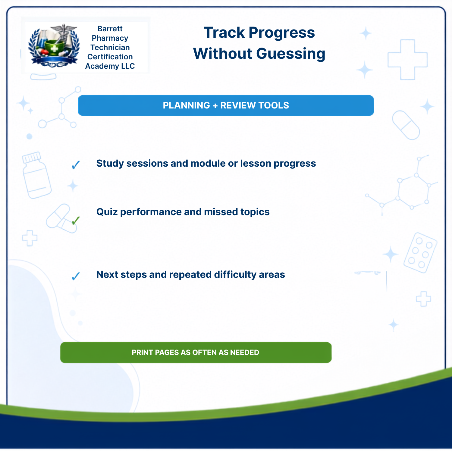 A digital promotional graphic for a Barrett Pharmacy Technician Certification Academy LLC study and review tool. The design features a white background with blue and green accents, including a blue header, a blue banner reading 'PLANNING + REVIEW TOOLS', and a green button at the bottom that says 'PRINT PAGES AS OFTEN AS NEEDED'.
