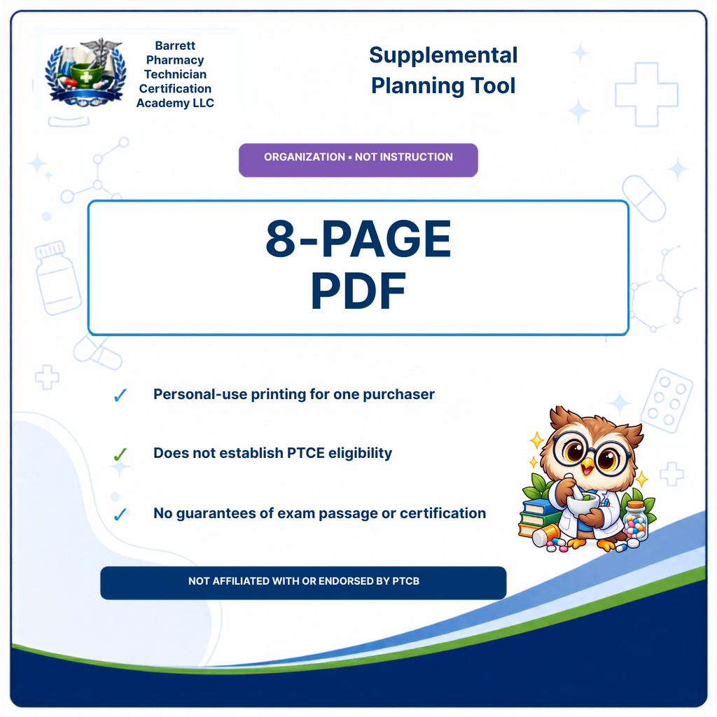 A digital cover page for a Barrett Pharmacy Technician Certification Academy Supplemental Planning Tool, indicating an 8-page PDF. The design features a white background with blue and purple accents, medical icons, a cartoon owl, and text detailing the product's personal-use printing rights and lack of PTCE eligibility guarantees.