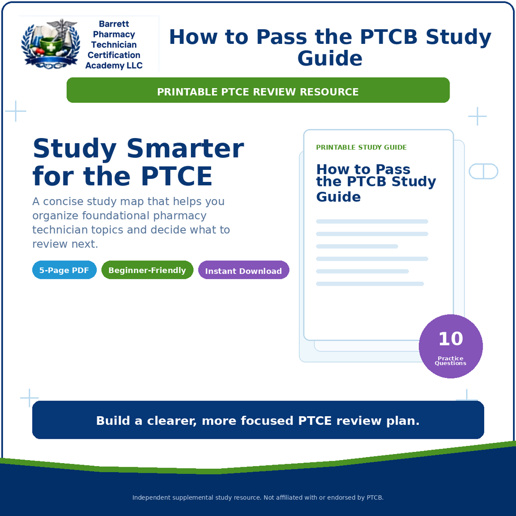 Promotional graphic for a printable PTCB study guide, showing the title 'How to Pass the PTCB Study Guide,' a tablet mockup labeled 'Printable Study Guide,' and a purple badge reading '10 Practice Questions.' The top left includes the Barrett Pharmacy Technician Certification Academy LLC logo and text.