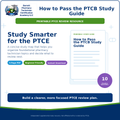 Promotional graphic for a printable PTCB study guide, showing the title 'How to Pass the PTCB Study Guide,' a tablet mockup labeled 'Printable Study Guide,' and a purple badge reading '10 Practice Questions.' The top left includes the Barrett Pharmacy Technician Certification Academy LLC logo and text.