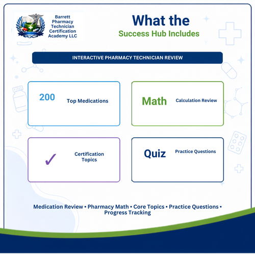 Promotional graphic for a pharmacy technician review course by Barrett Pharmacy Technician Certification Academy LLC, showing sections for 200 top medications, math and calculation review, certification topics, and practice quiz questions.