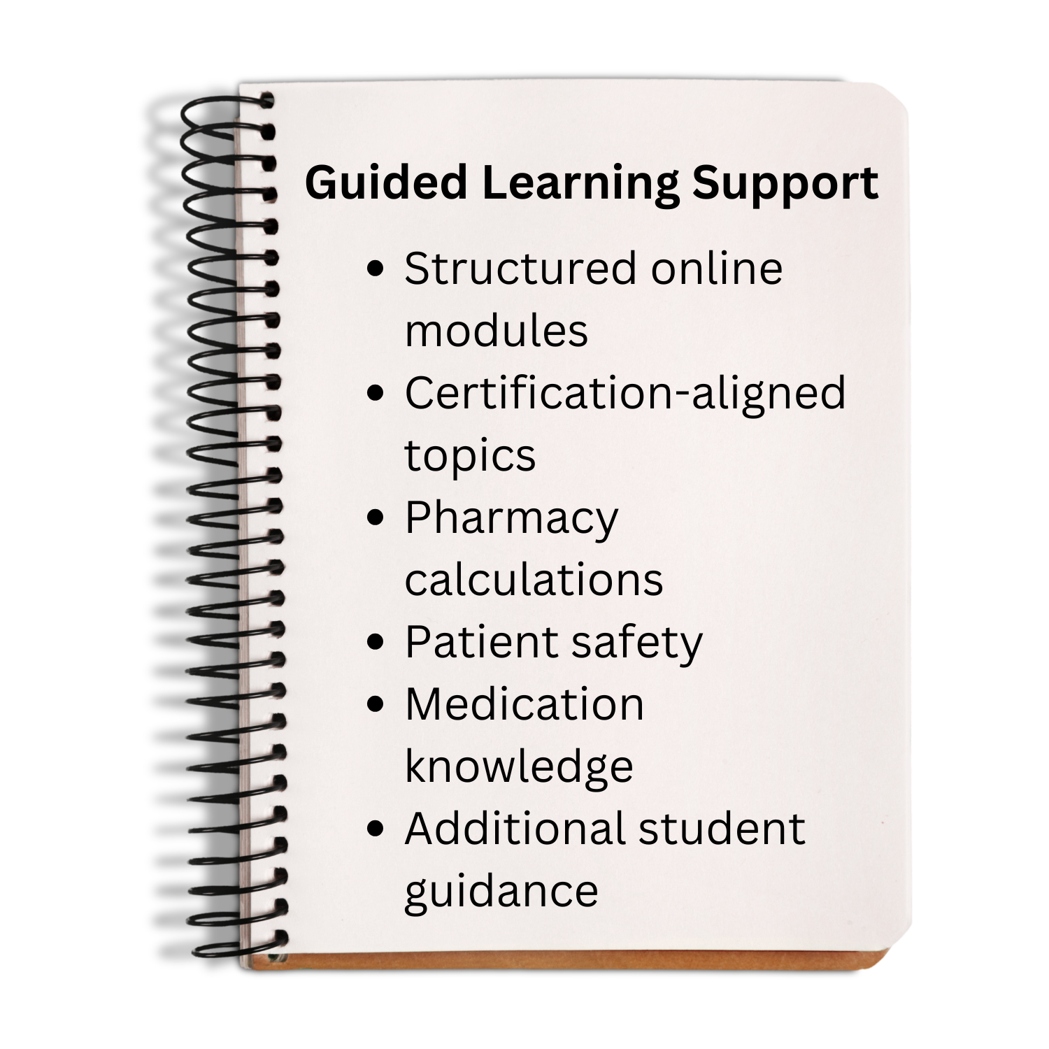 Notebook with 'Guided Learning Support' text and bullet points on a white background