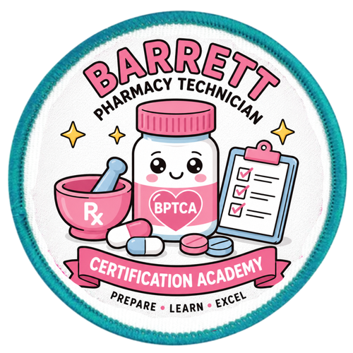Circular patch with cartoon medicine bottle, tablet, and clipboard, featuring 'Barrett Pharmacy Technician Certification Academy' text.
