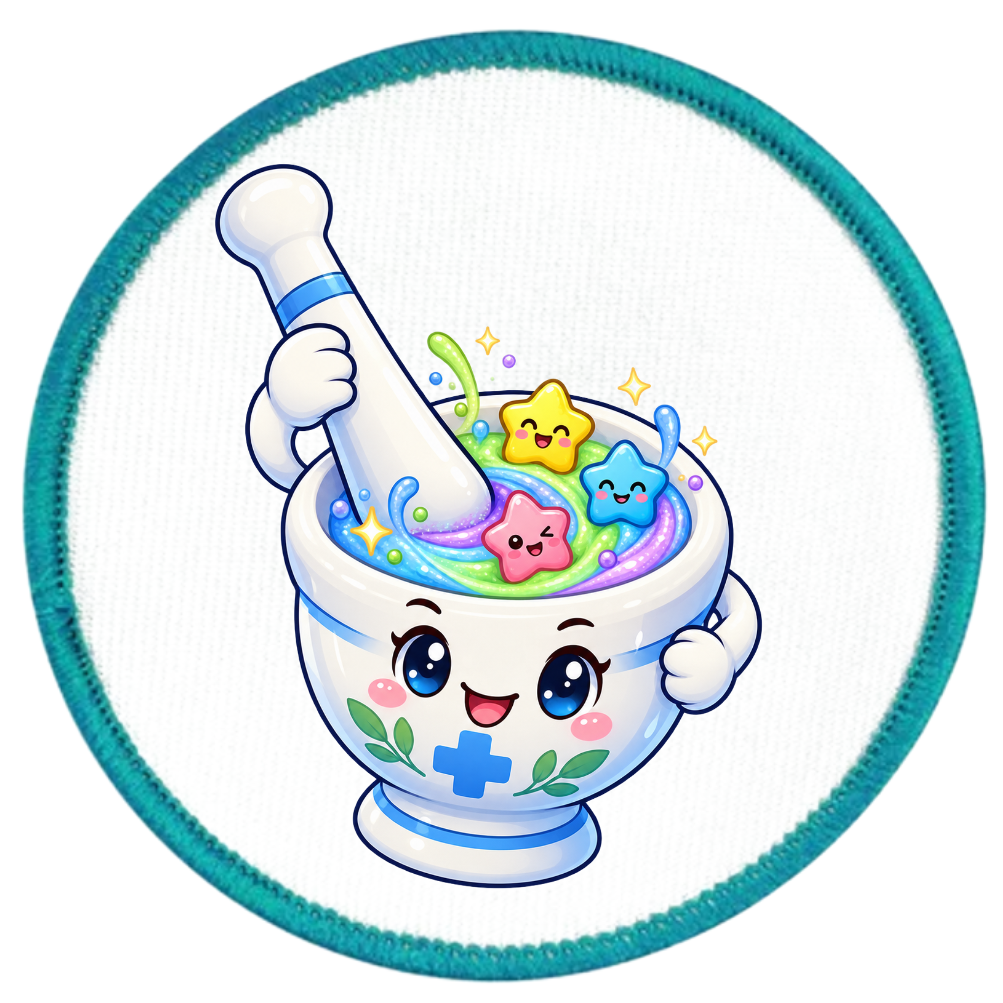 A circular patch featuring a cute cartoon illustration of a smiling white mortar and pestle filled with colorful pastel potion and star-shaped candies, set against a white background with a mint green stitched border.