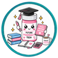 Illustration of a pink pharmacy tech bottle with graduation cap, books, and coffee cup on a white background.