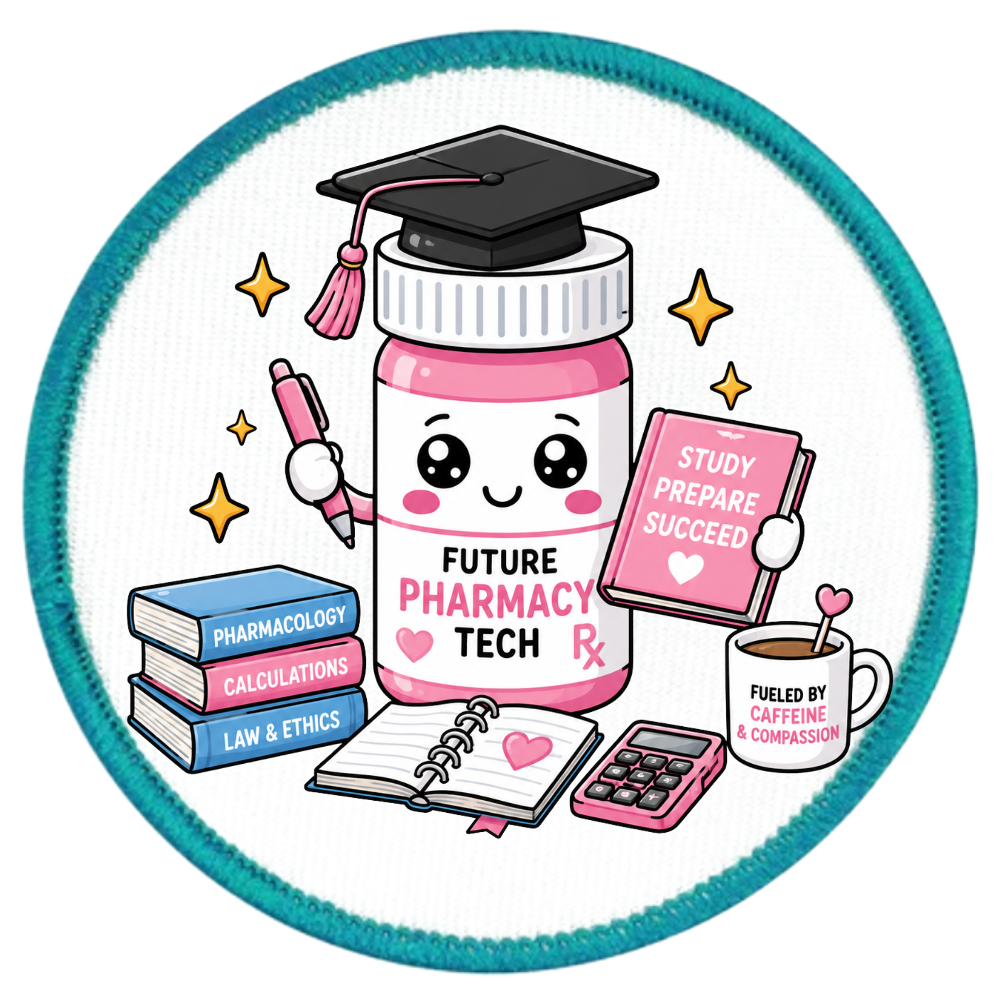Illustration of a pink pharmacy tech bottle with graduation cap, books, and coffee cup on a white background.