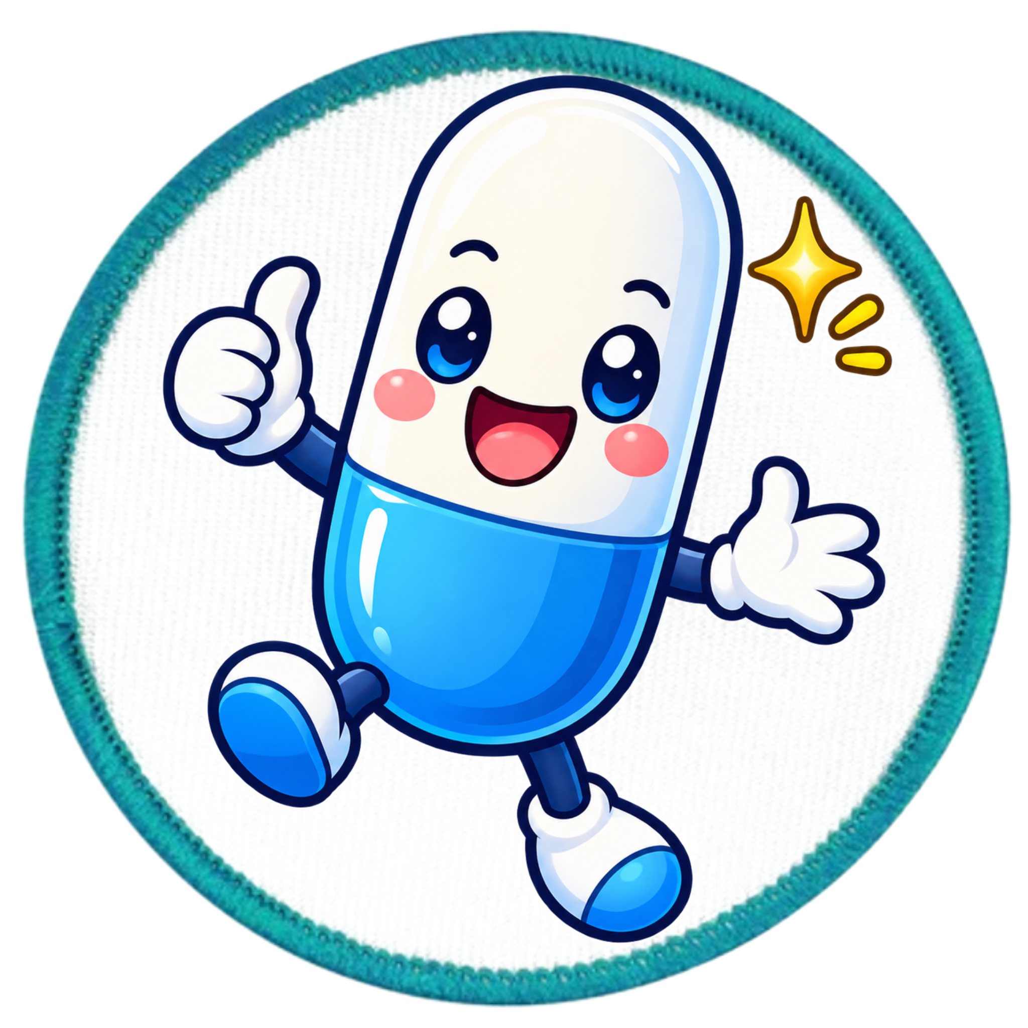 A circular embroidered patch featuring a cute, smiling cartoon pill character. The pill is split into a white top half and a blue bottom half, with blue limbs, white gloves, and pink cheeks.