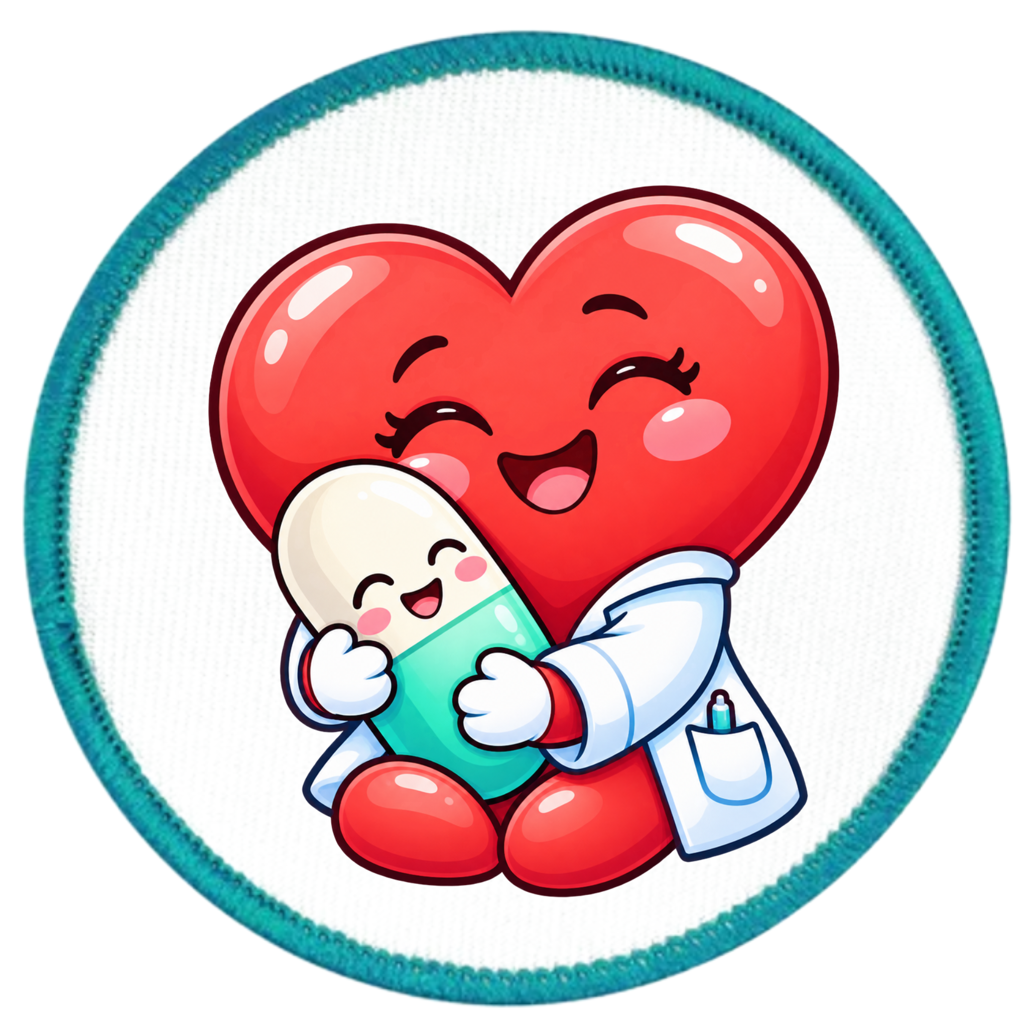 A circular embroidered patch featuring a cute cartoon illustration of a red heart and a pill capsule hugging, with the heart wearing a white doctor coat. The patch has a white center and a teal blue stitched border.