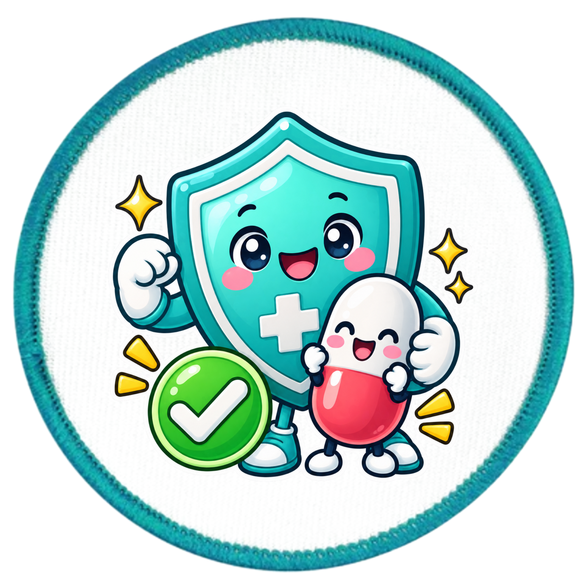 A circular patch or badge featuring a cute cartoon illustration of a teal shield character with a white cross, hugging a white pill character and a green check mark, on a white background with a teal stitched border.
