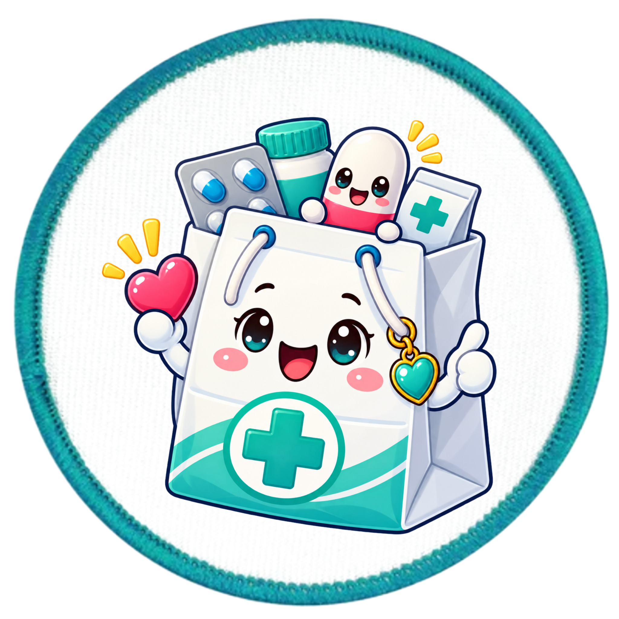 A circular patch or sticker featuring a cute cartoon medical bag with a smiling face, surrounded by health-themed items like pills, a thermometer, and a heart-shaped heart accessory. The design has a teal border on a white background.