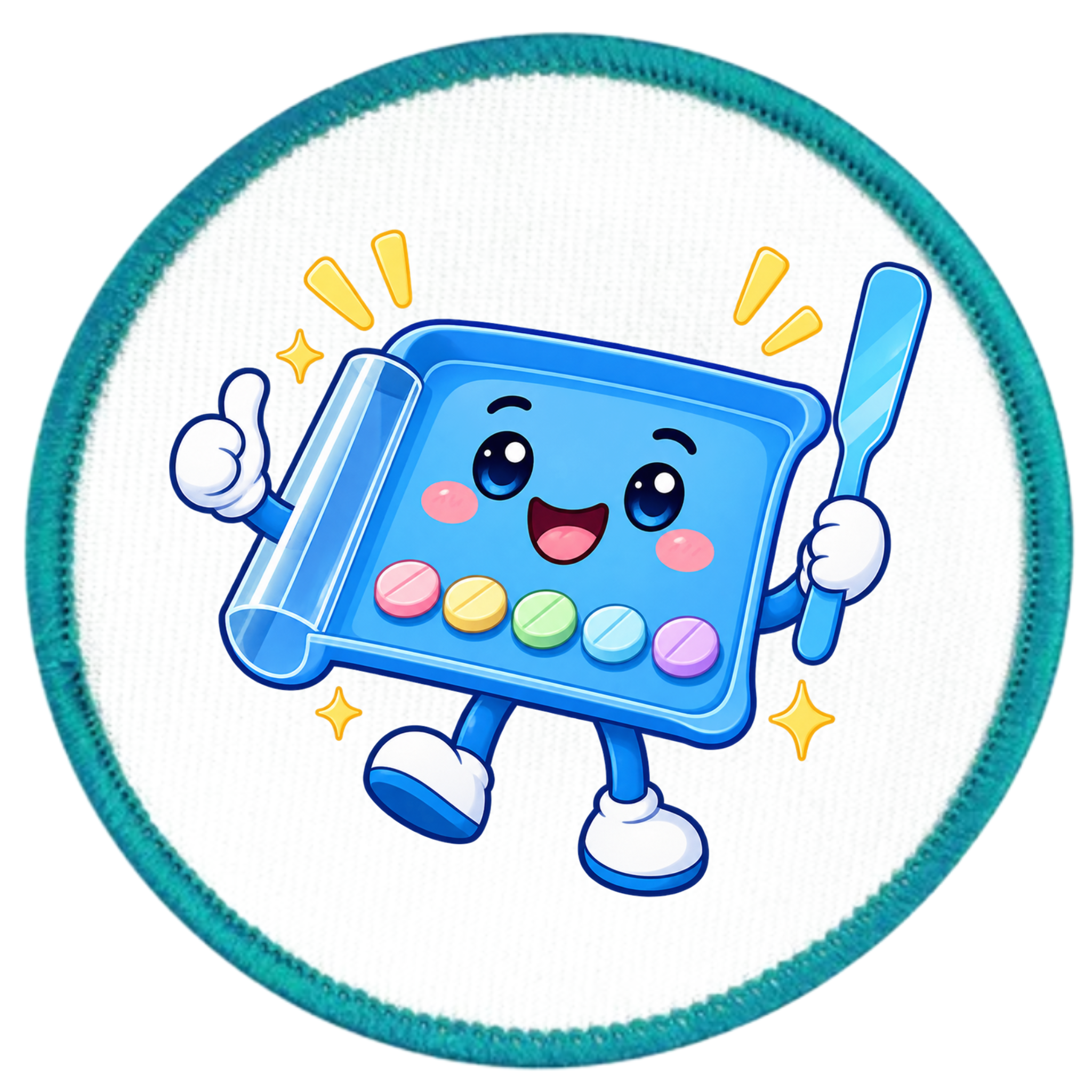 A circular embroidered patch featuring a cute cartoon character of a blue pill bottle with legs, arms, and a smiling face. The character holds a blue pill bottle in one hand and gives a thumbs-up with the other, surrounded by yellow stars on a white background with a teal stitched border.