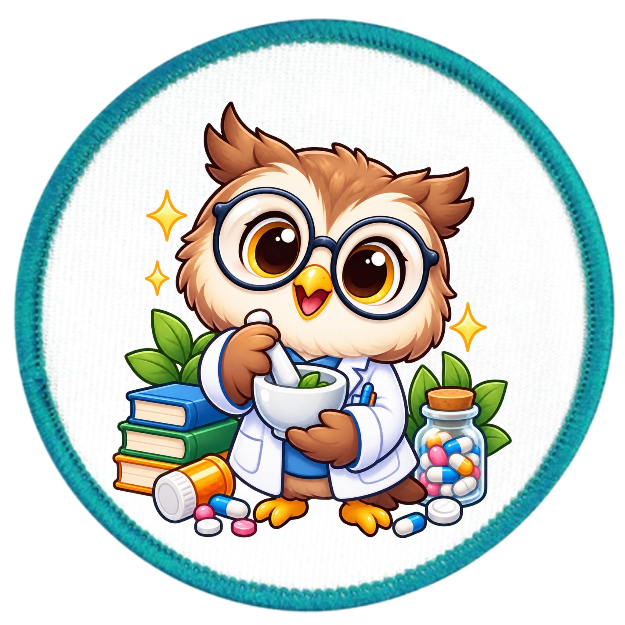 A circular embroidered patch featuring a cute cartoon owl dressed as a pharmacist, wearing round glasses, a white lab coat, and holding a mortar and pestle. The owl is surrounded by books, leaves, a pill bottle, and a jar of colorful medicine, all on a white background with a teal stitched border.