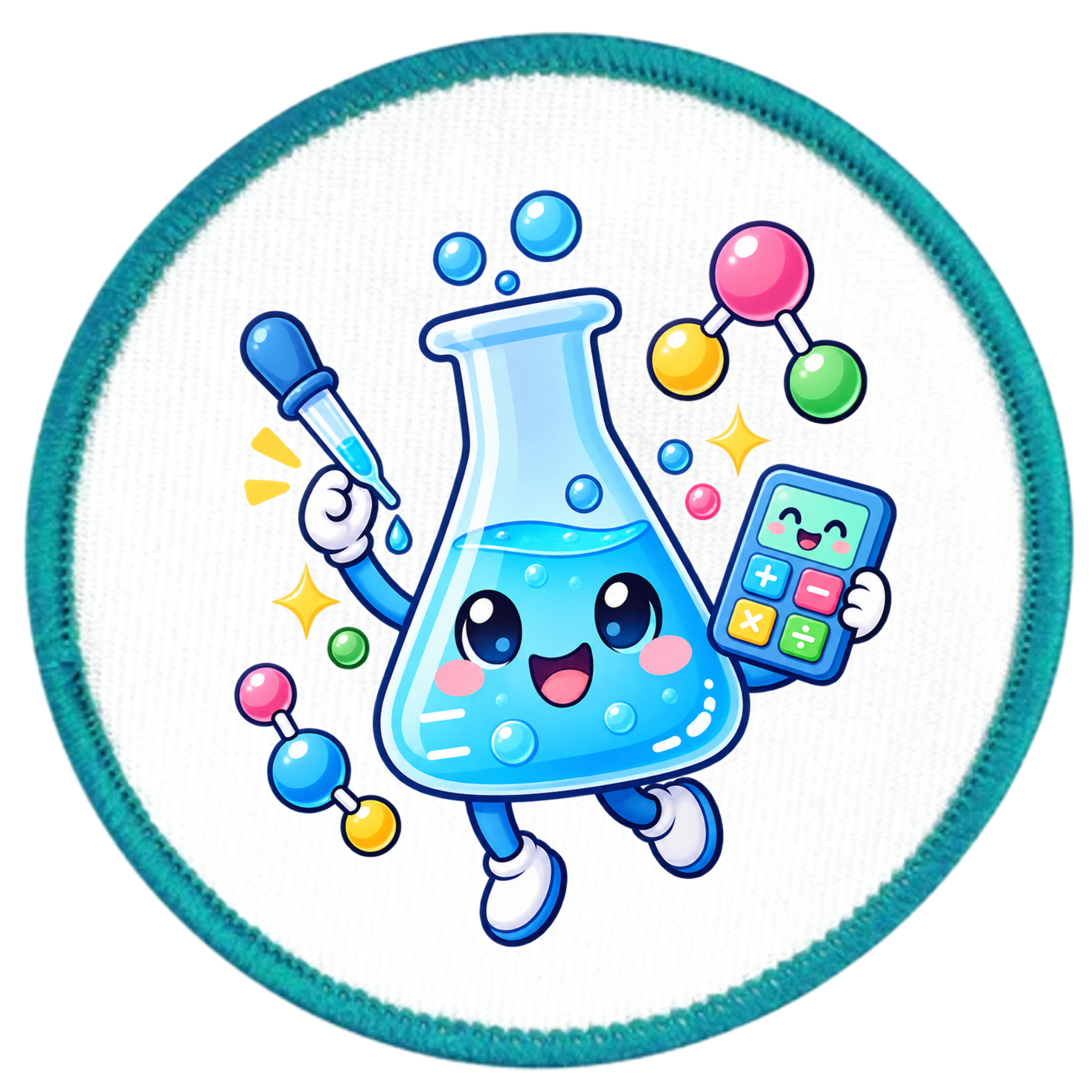 A circular embroidered patch featuring a cute cartoon science theme. The design shows a smiling blue beaker holding a calculator and a dropper, surrounded by colorful molecular models and sparkles, all enclosed in a teal stitched border on a white background.