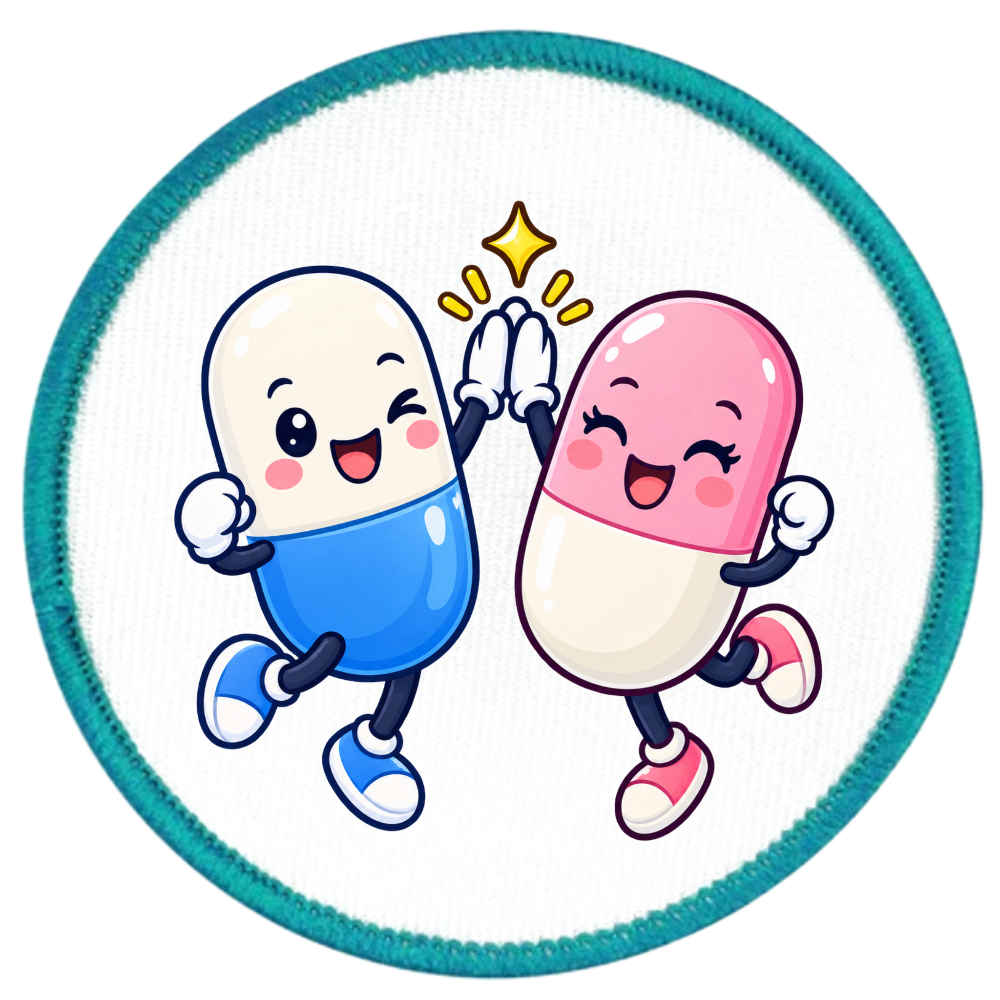 A round embroidered patch featuring two cute, smiling cartoon capsules high-fiving, with a teal stitched border on a white background.