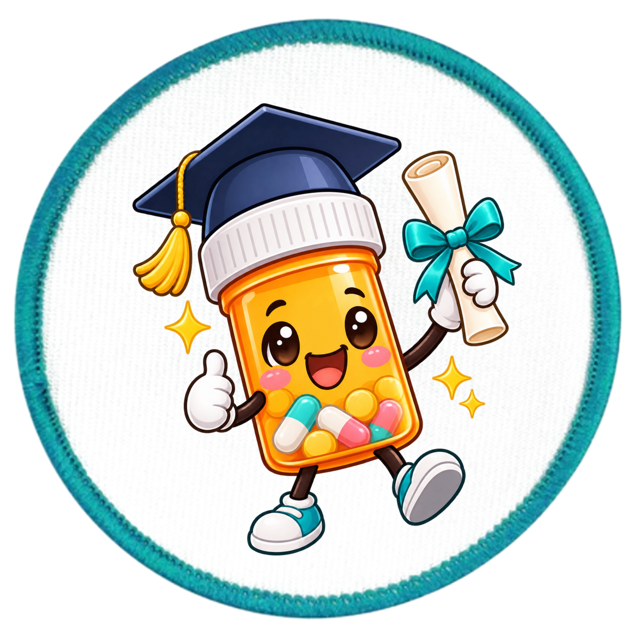 A circular patch or sticker featuring a cute cartoon pill bottle character wearing a graduation cap and holding a diploma, with colorful capsules inside, on a white background with a teal border.