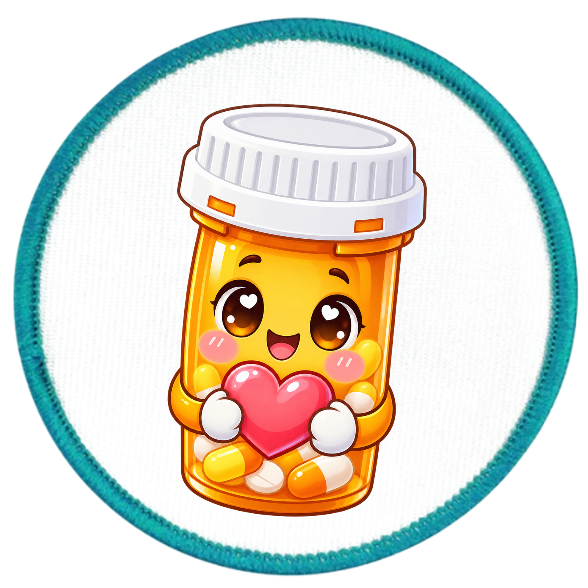 A circular embroidered patch featuring a cute cartoon pill bottle character holding a pink heart, with a white center and a teal embroidered border.
