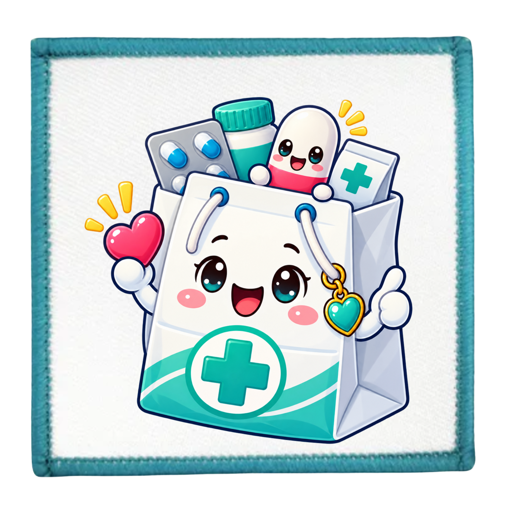 A square white patch or fabric sticker with a stitched teal border, featuring a cute cartoon medical bag character with a smiling face, holding a pink heart and a teal heart charm, with pills and medicine bottles peeking out.