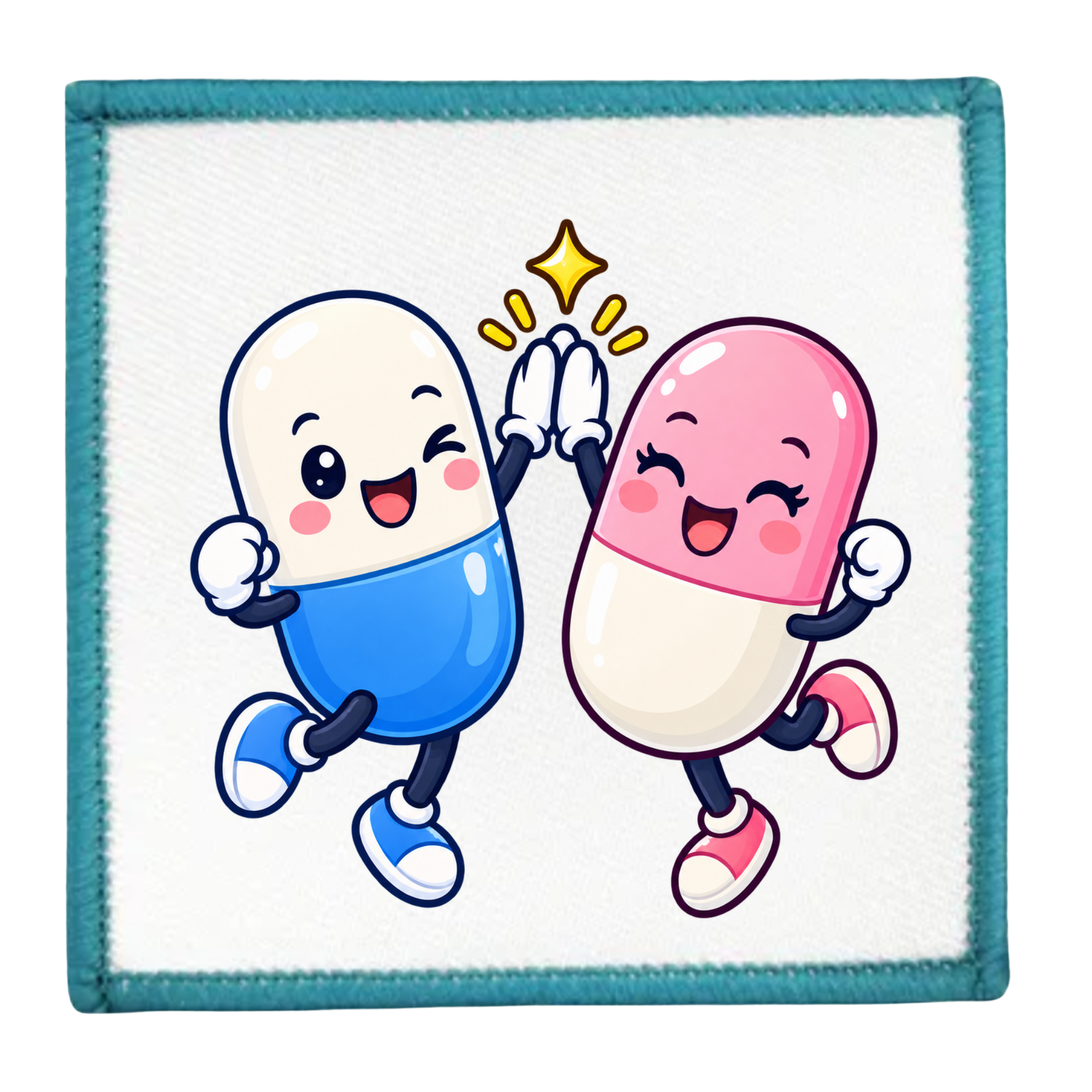 A square embroidered patch featuring two cartoon capsules dancing and high-fiving. One capsule is blue and white, and the other is pink and white, with a yellow star above their hands.