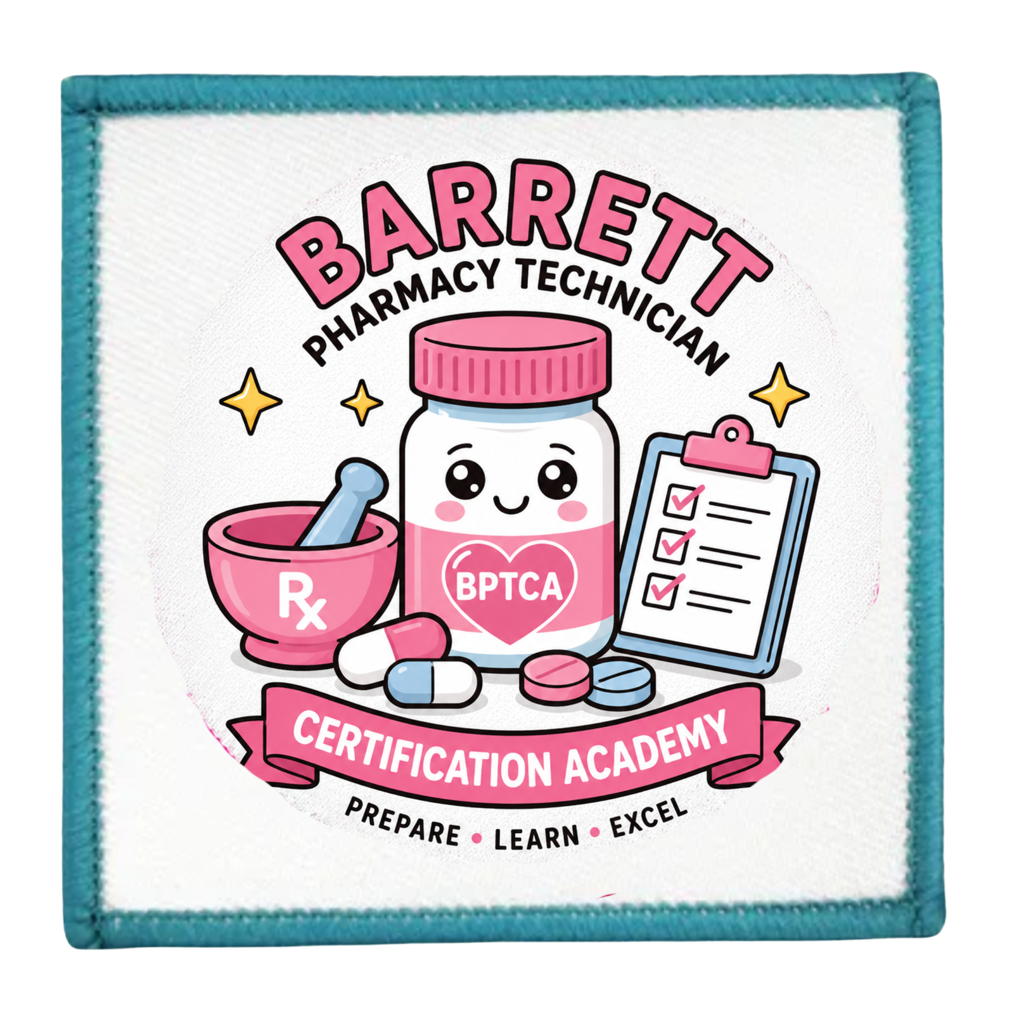 Patch with cartoon pharmacy-themed design and text about a pharmacy technician certification academy.
