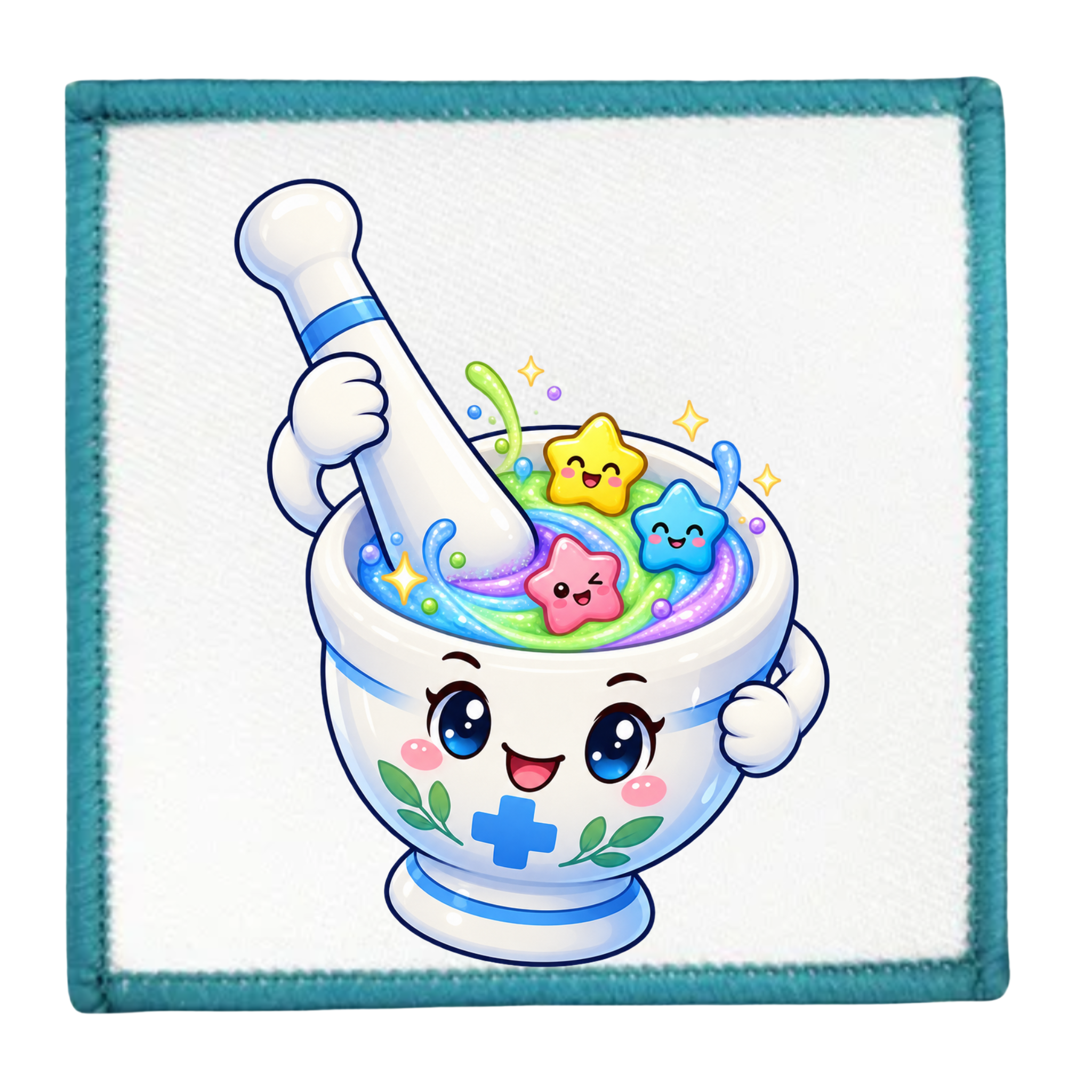 A square embroidered patch with a white center and teal stitched border, featuring a cute cartoon mortar and pestle filled with colorful pastel potion and star shapes.
