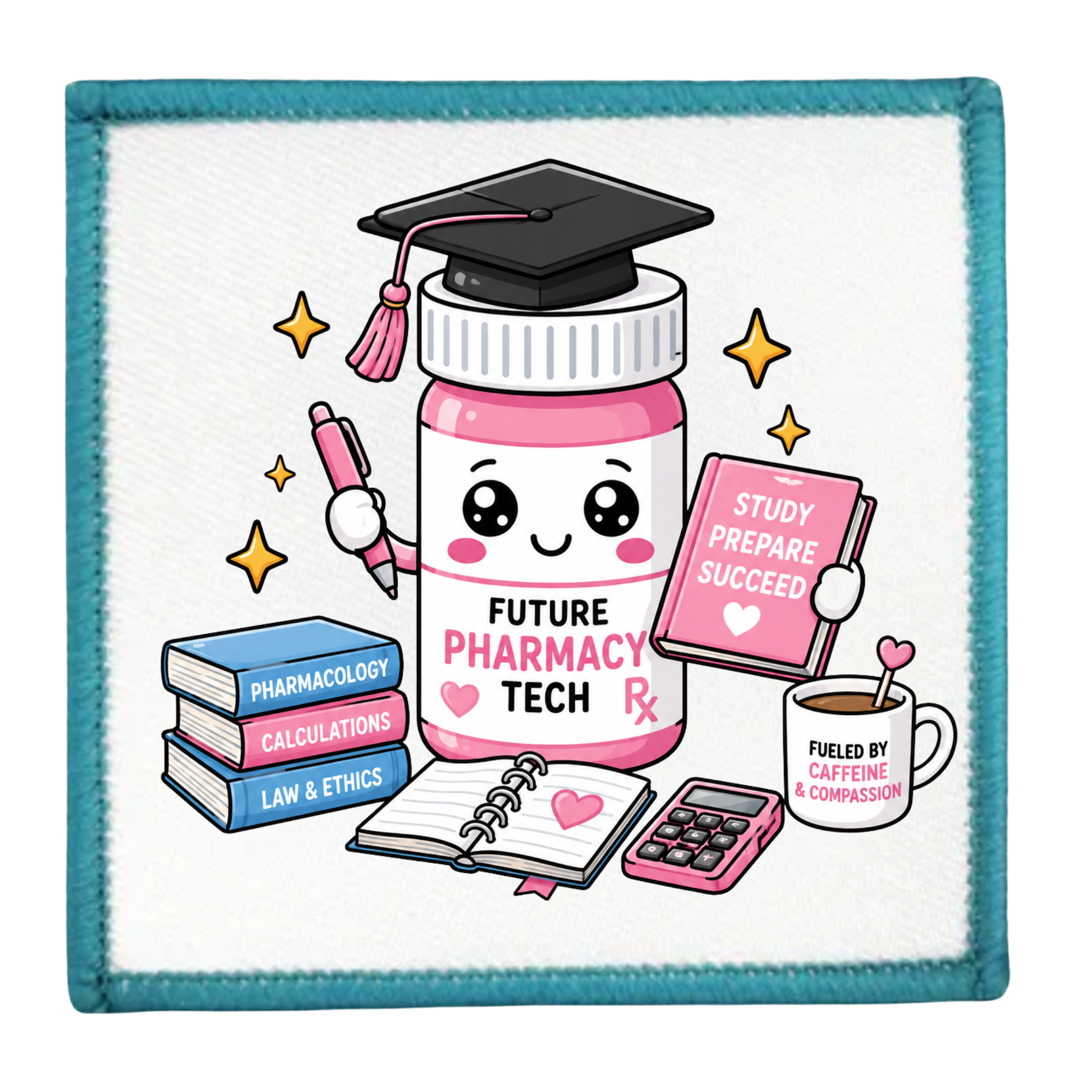 Patch with a cartoon pharmacy bottle wearing a graduation cap, holding books and a mug, on a white background.