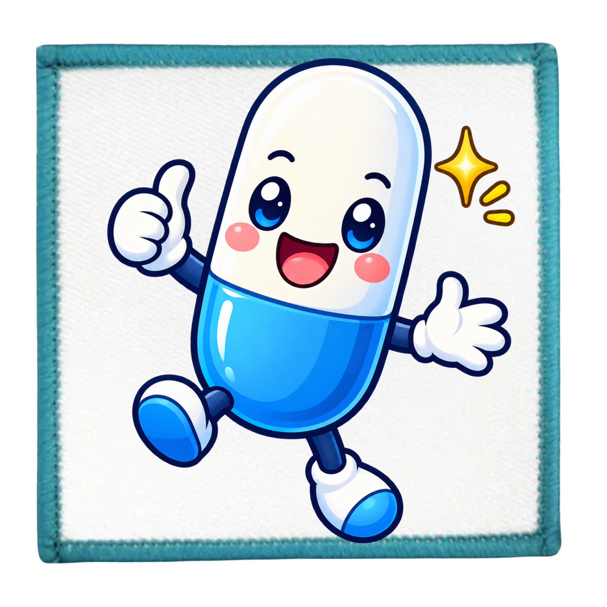 A square patch featuring a cute cartoon pill character with a white upper half and blue lower half, giving a thumbs-up and smiling, set against a white background with a teal stitched border.
