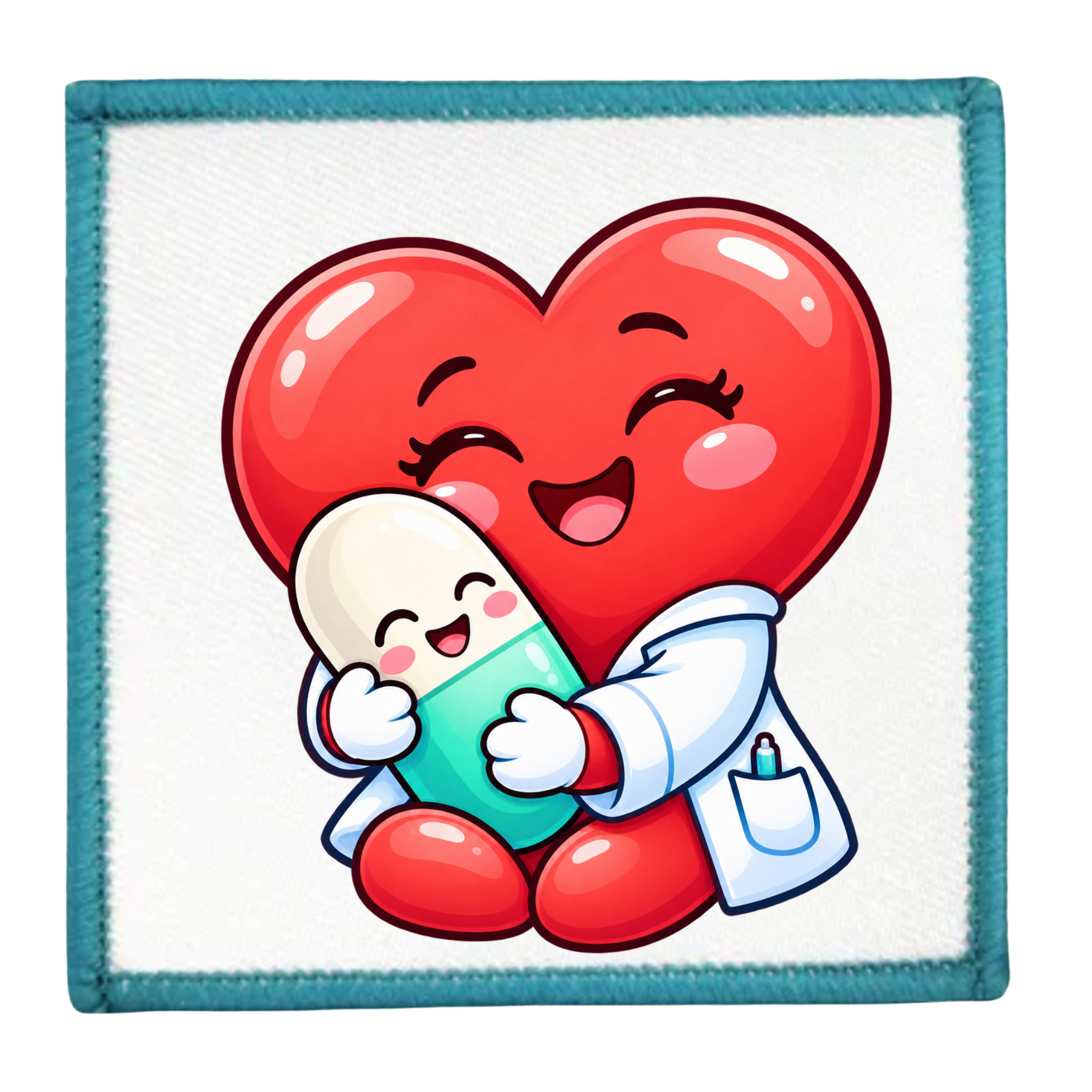 A square embroidered patch featuring a cute cartoon design of a red heart and a pill capsule hugging, with a white border and teal stitched edges.