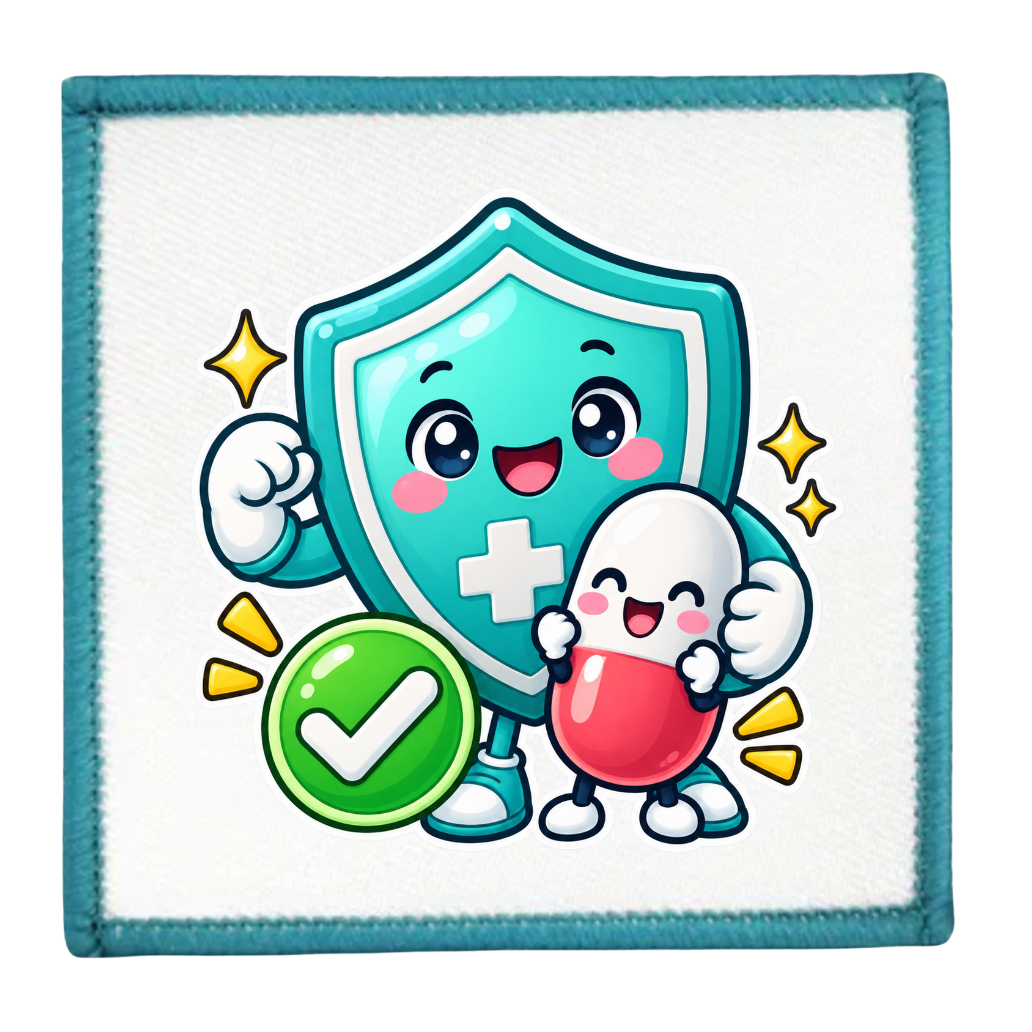 A square embroidered patch with a white center and teal stitched border, featuring a cute cartoon shield character in teal with a white cross, a small white character hugging a red pill capsule, and a green check emblem.