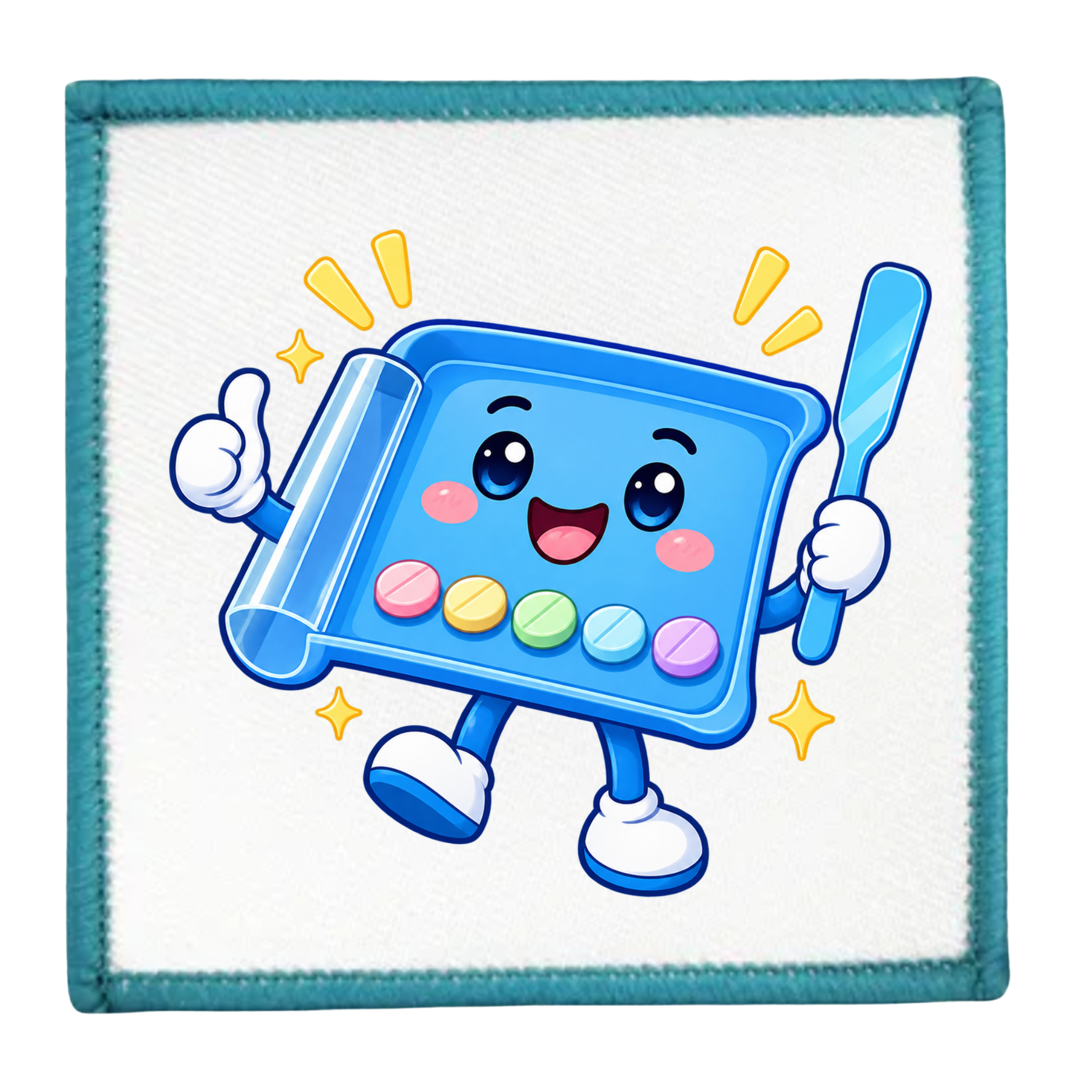 A square white patch or fabric sticker with a stitched teal border, featuring a cartoon blue tray character with colorful round pills and a toothbrush, on a plain white background.
