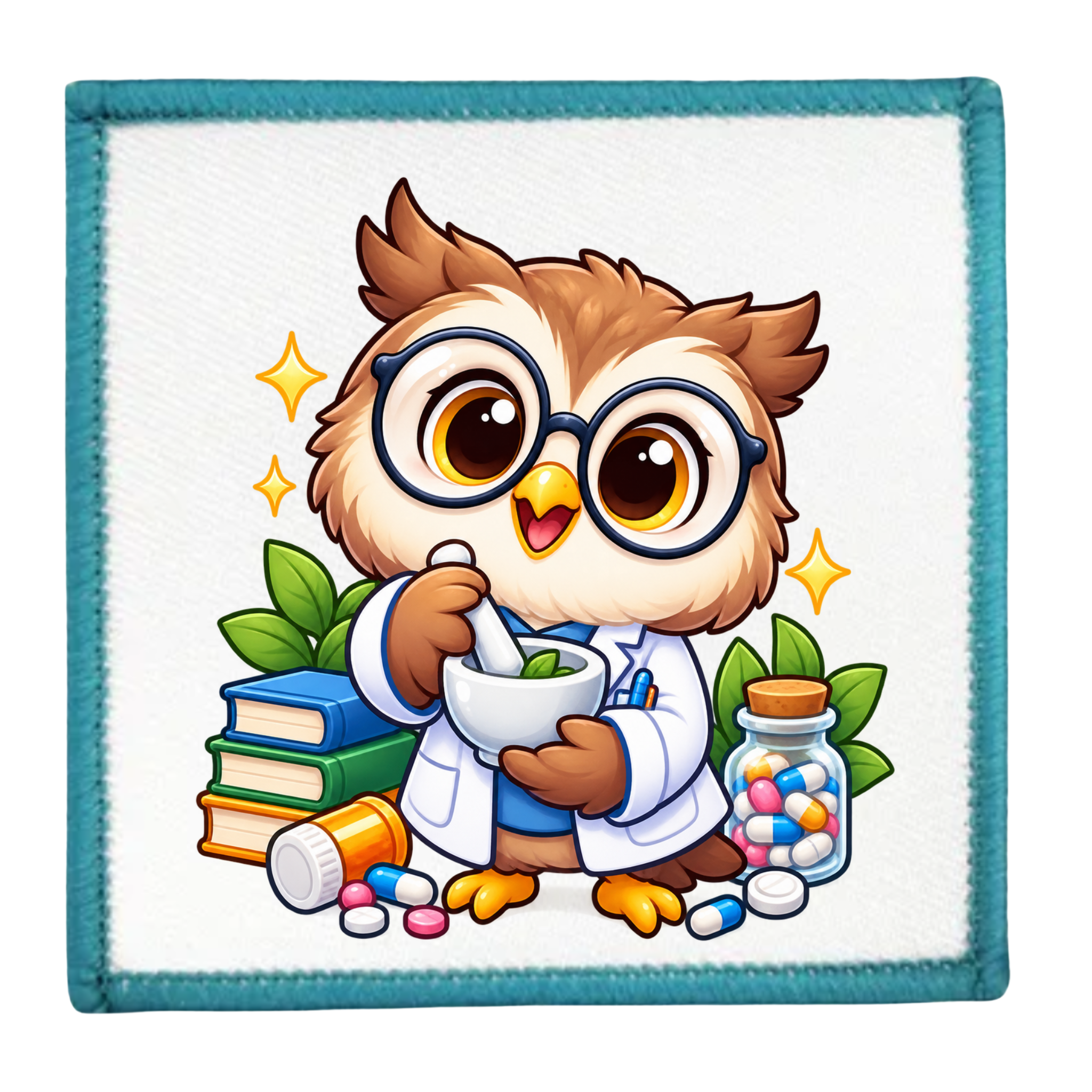 A square embroidered patch featuring a cute cartoon owl dressed as a pharmacist, wearing round glasses, a white lab coat, and holding a mortar and pestle. The owl is surrounded by books, pills, and a jar of colorful medicine, set against a white background with a teal embroidered border.