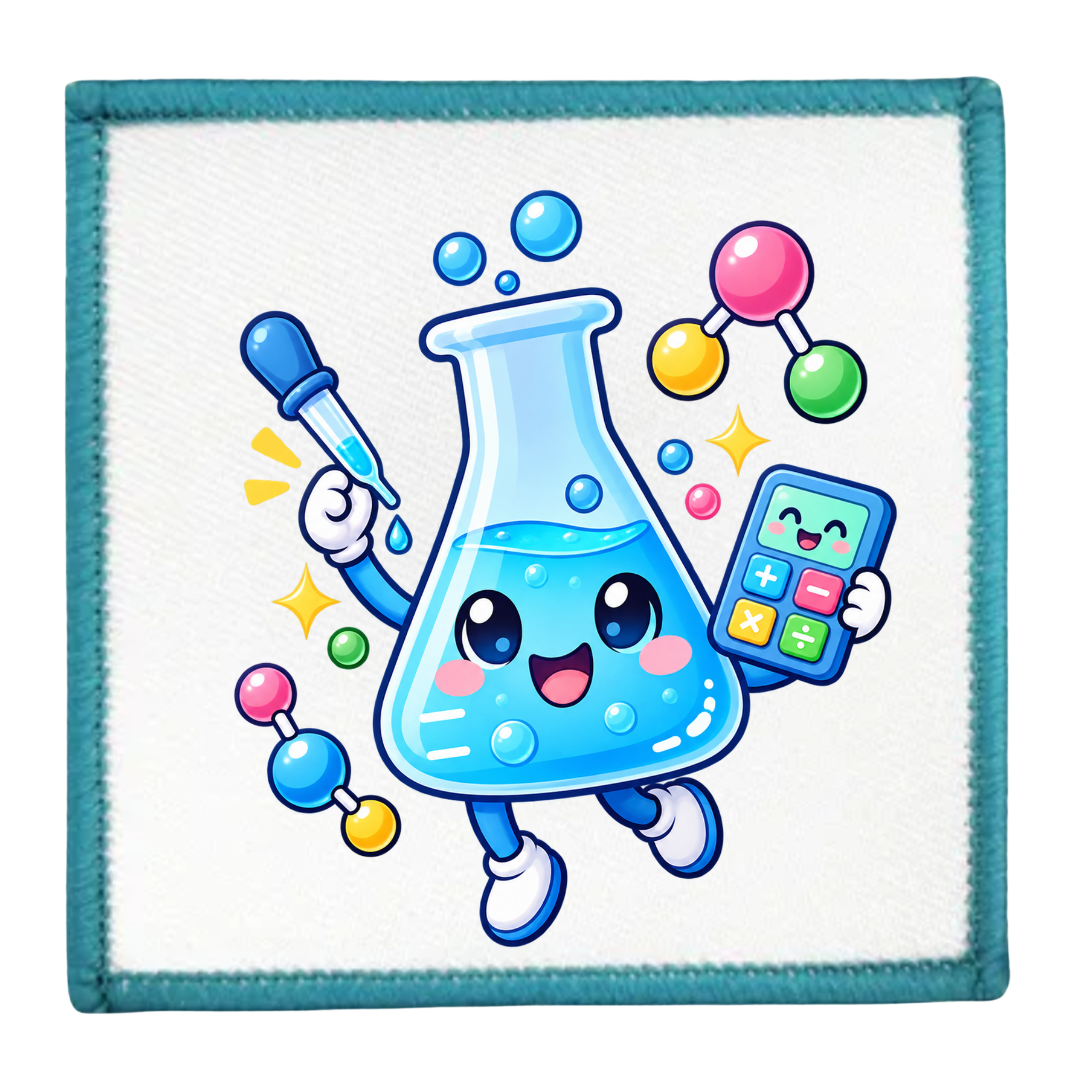 A square white patch with a teal stitched border, featuring a cute cartoon beaker character holding a dropper and a calculator, surrounded by colorful molecular models and sparkles.