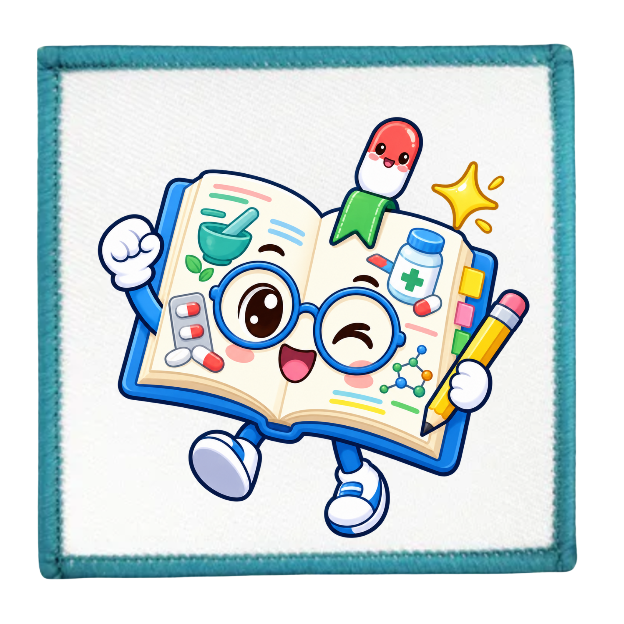 A square embroidered patch featuring a cartoon open book character with glasses, a green bookmark, colorful pills, a star, and a pencil on a white background with a teal stitched border.
