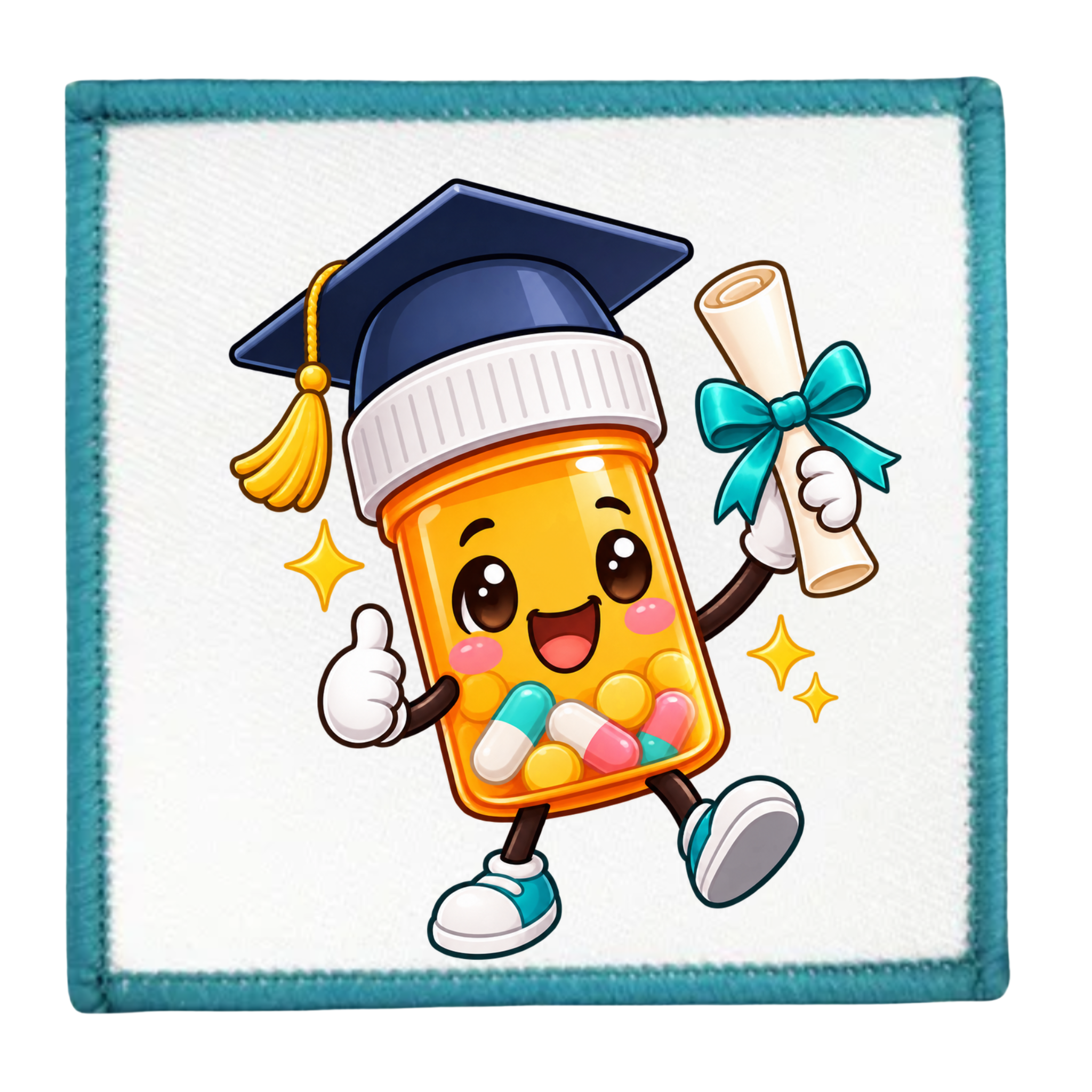 A square embroidered patch with a teal stitched border on a white background, featuring a cartoon pill bottle character wearing a navy blue graduation cap and holding a diploma scroll, surrounded by colorful capsules and yellow stars.