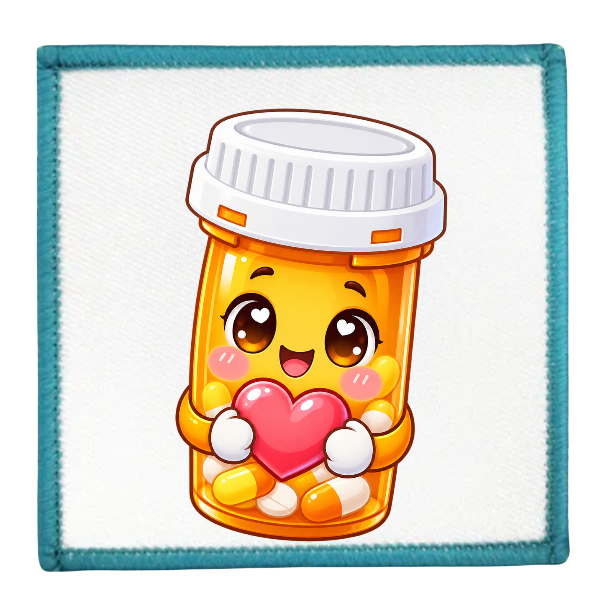 A square patch with a stitched teal border on a white background, featuring a cute cartoon pill bottle character holding a pink heart.