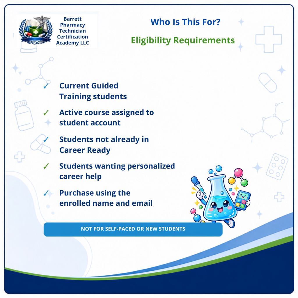 Promotional graphic for a downloadable study bundle from Barrett Pharmacy Technician Certification Academy LLC, featuring text about career and study preparation, a list of target groups, and cartoon science-themed illustrations on a white background with blue and green accents.