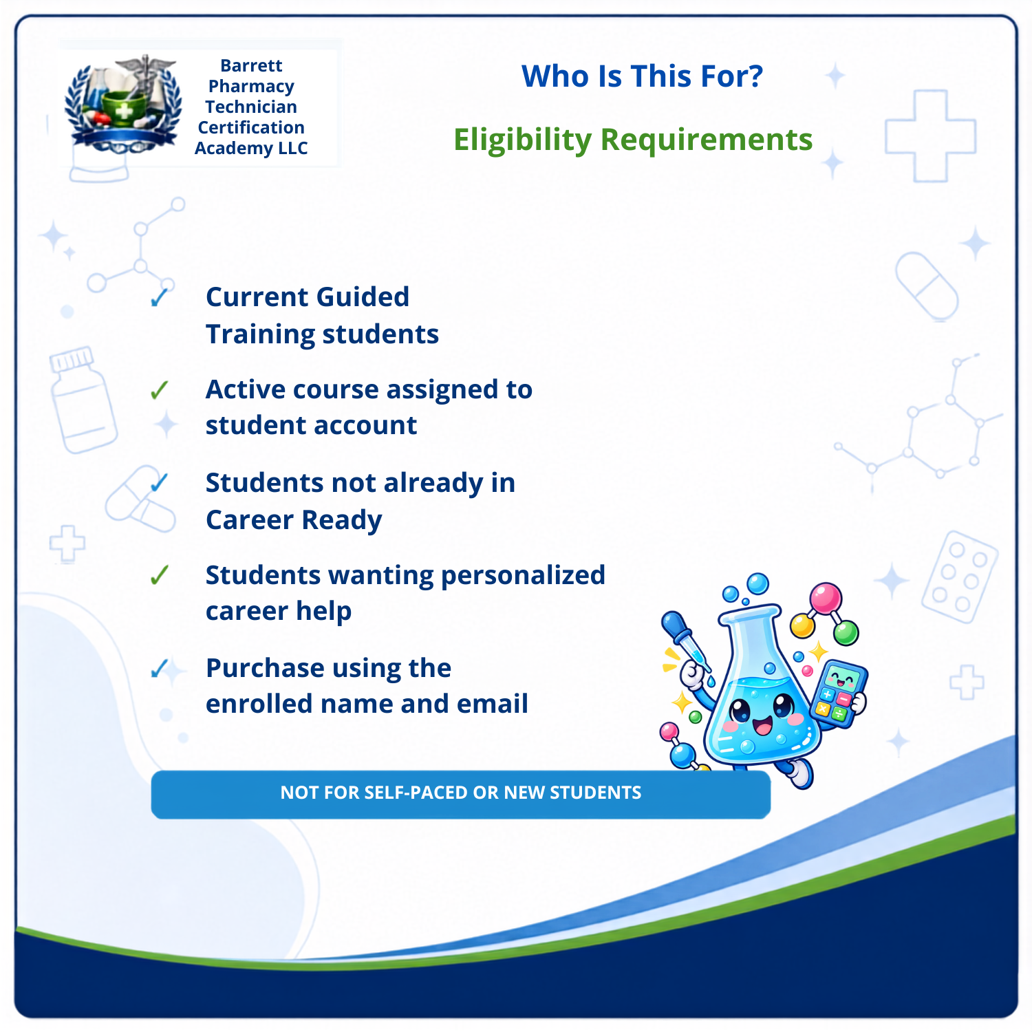 Promotional graphic for a downloadable study bundle from Barrett Pharmacy Technician Certification Academy LLC, featuring text about career and study preparation, a list of target groups, and cartoon science-themed illustrations on a white background with blue and green accents.