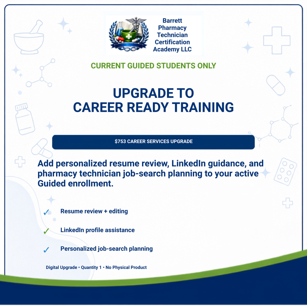 A promotional graphic for a digital upgrade service by Barrett Pharmacy Technician Certification Academy LLC, offering career ready training and resume review services.