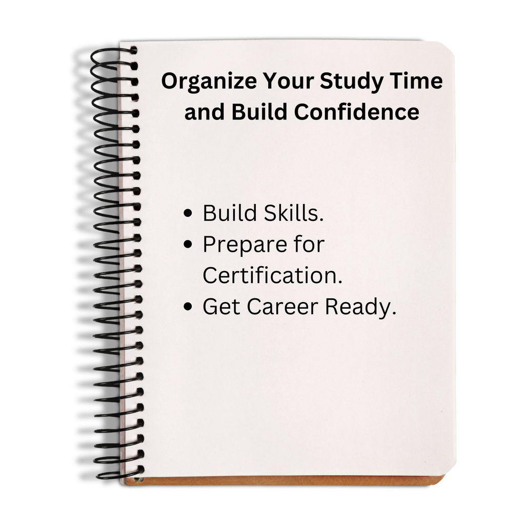 Notebook with text on organizing study time and building confidence