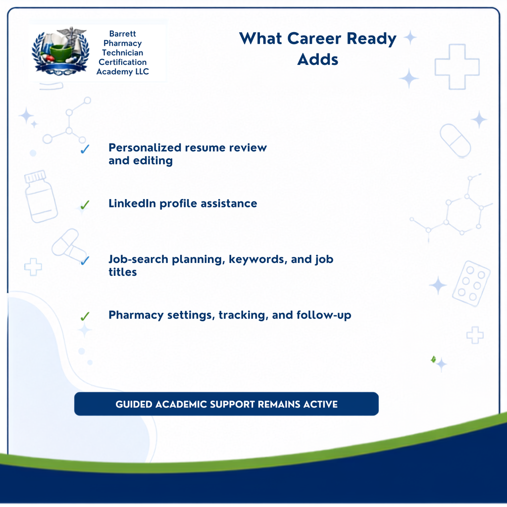 A digital informational graphic for Barrett Pharmacy Technician Certification Academy LLC, titled 'What Career Ready Adds'. It features a white background with blue and green accents, listing benefits such as personalized resume review, LinkedIn profile assistance, job-search planning, and pharmacy settings tracking.