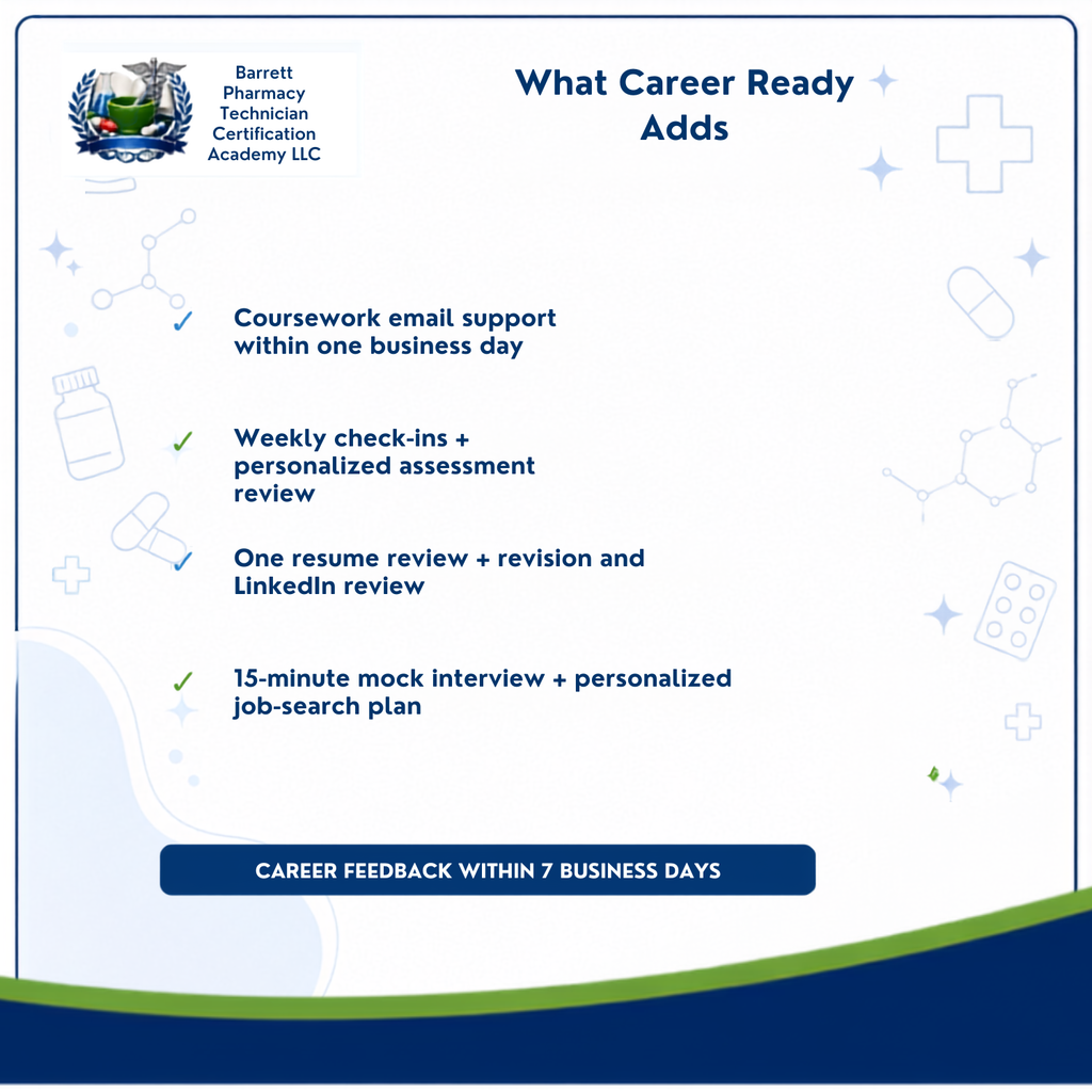 Promotional graphic for Barrett Pharmacy Technician Certification Academy LLC outlining career readiness add benefits, including coursework email support, weekly check-ins, resume review, and mock interview, with a blue footer and white background.