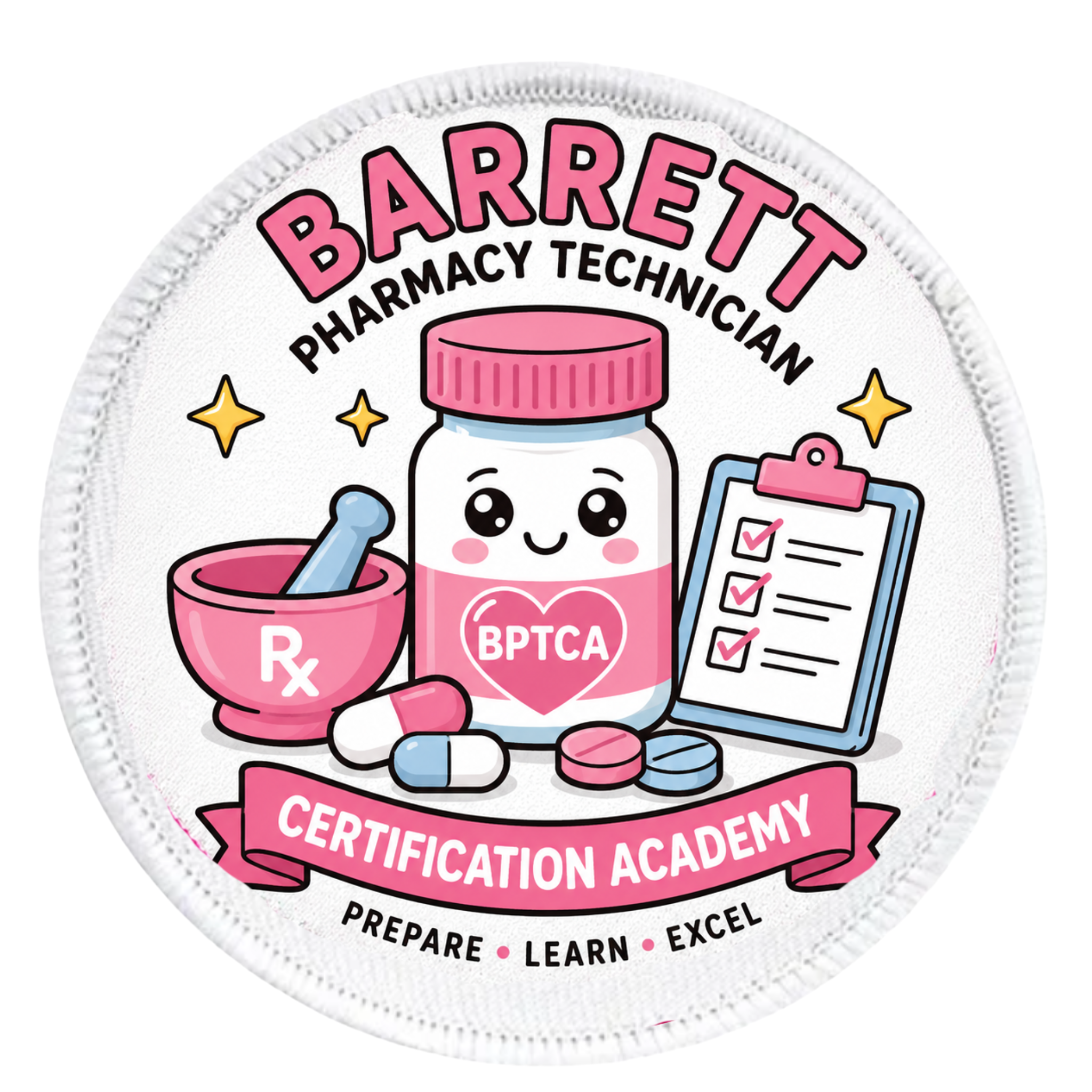 Patch with cartoon pharmacy-themed design and text 'Barrett Pharmacy Technician Certification Academy' on a white background.