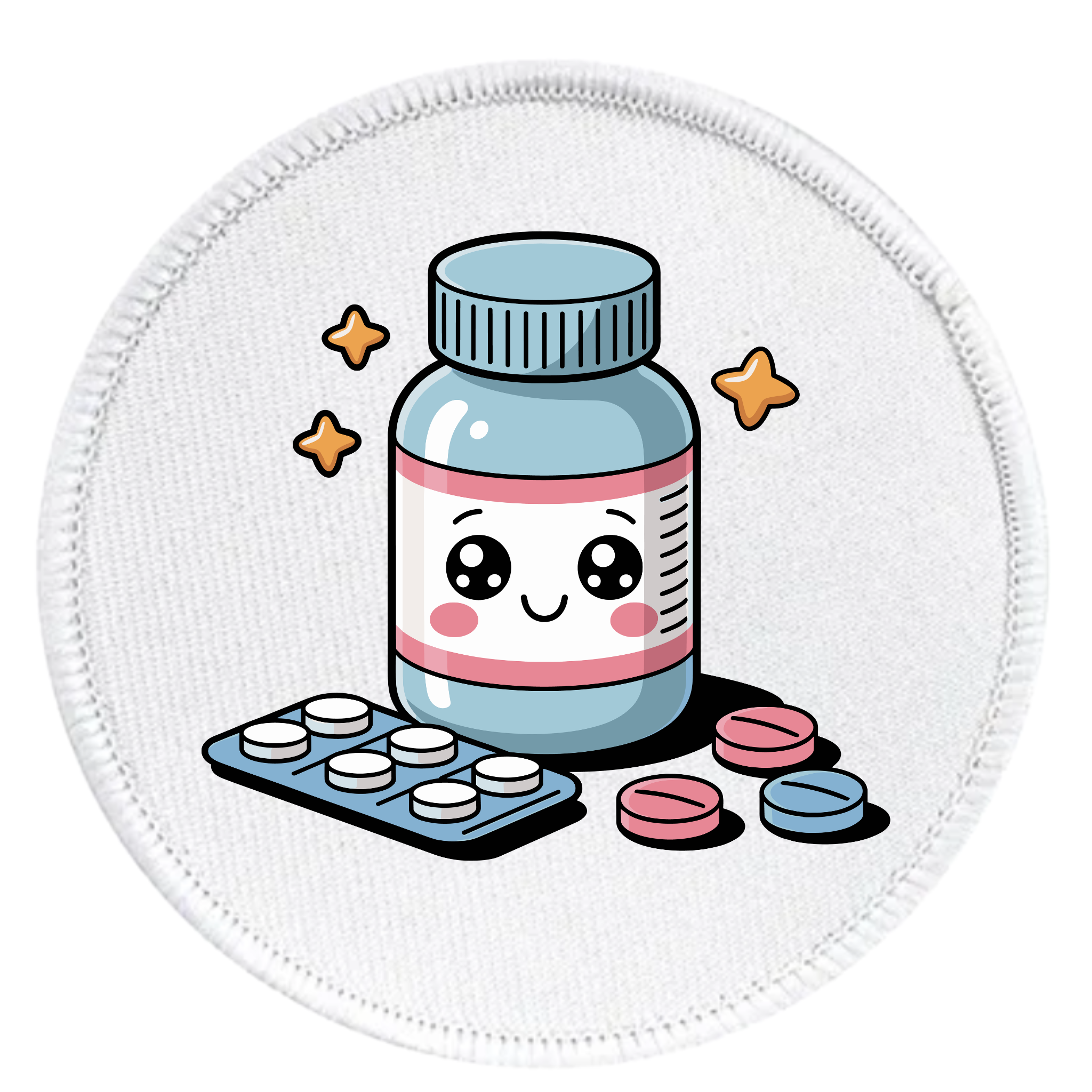 Cute cartoon-style pill bottle with various colored pills on a white background